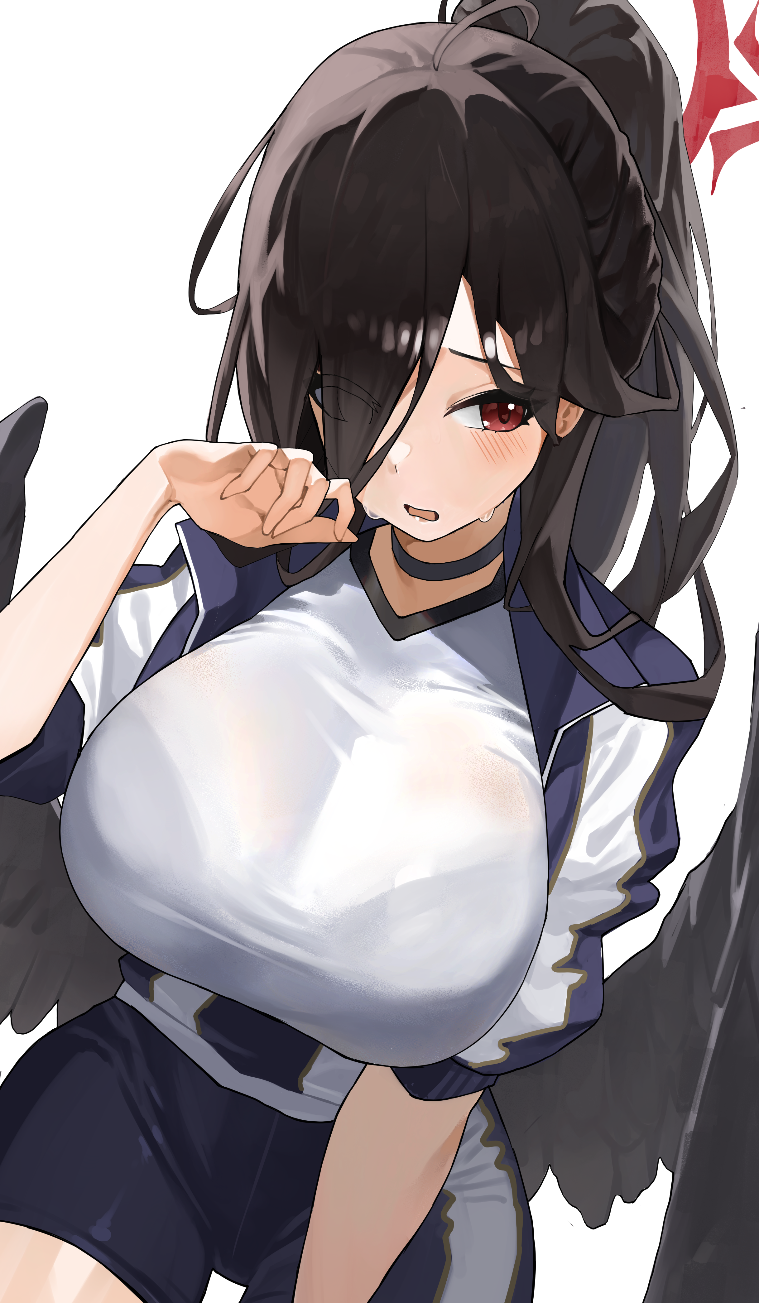 hasumi (blue archive), hasumi (track) (blue archive), blue archive, absurdres, highres, 1girl, black hair, black wings, blue jacket, blue shorts, blush, bra visible through clothes, breasts, cham ggi, eyes visible through hair, hair over one eye, halo, huge breasts, jacket, long hair, looking at viewer, official alternate costume, official alternate hairstyle, open mouth, red eyes, red halo, shorts, side ponytail, sidelocks, solo, sweat, wings