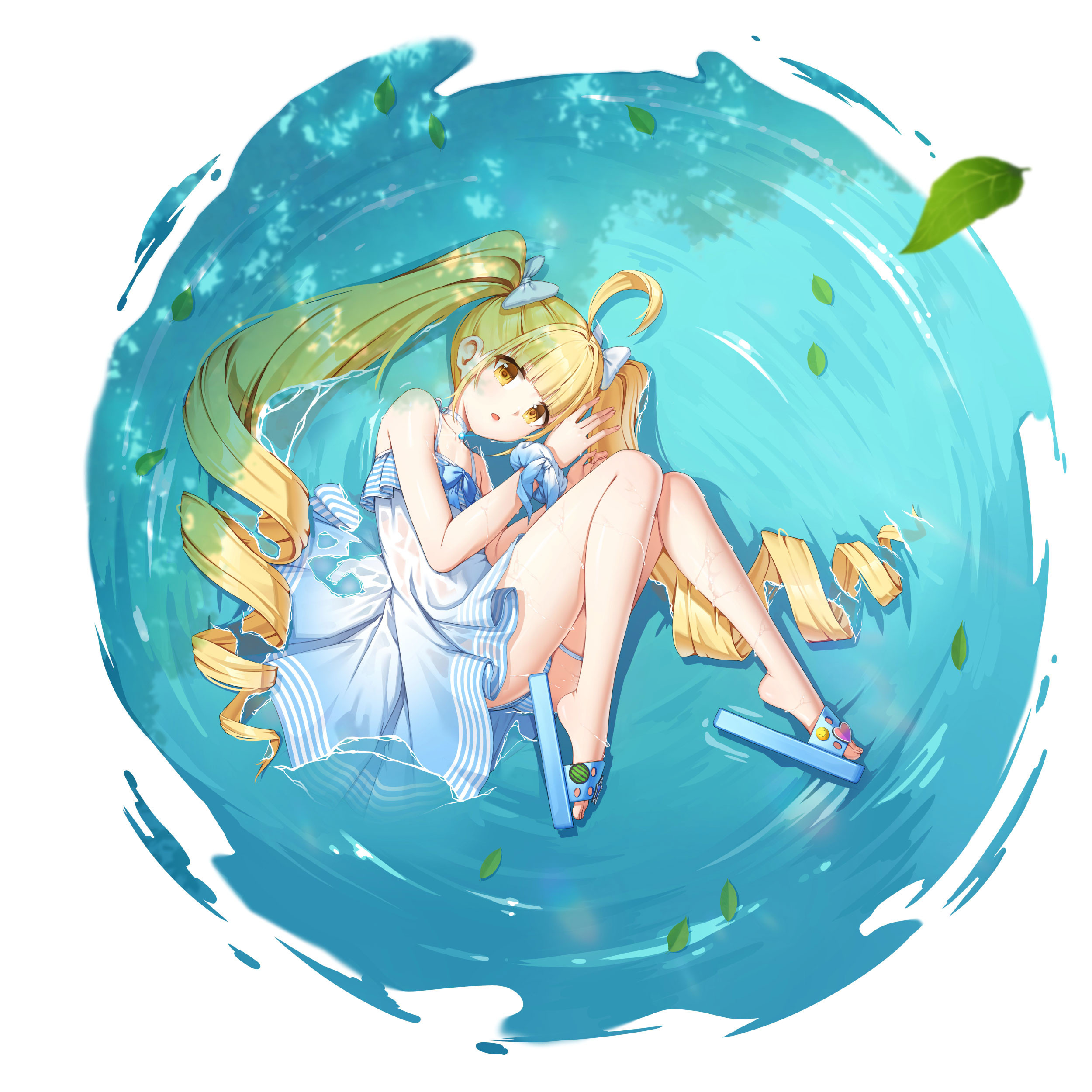 lucy (closers), closers, absurdres, highres, official art, 1girl, ahoge, bare legs, bare shoulders, blonde hair, bow, choker, dress, drill hair, fetal position, full body, gradient clothes, gradient dress, hair bow, long hair, looking at viewer, open mouth, ribbon, sleeveless, sleeveless dress, slippers, solo, sundress, thigh strap, thighs, twin drills, twintails, very long hair, water, wet, wet clothes, wet dress, white choker, white dress, wrist ribbon, yellow eyes