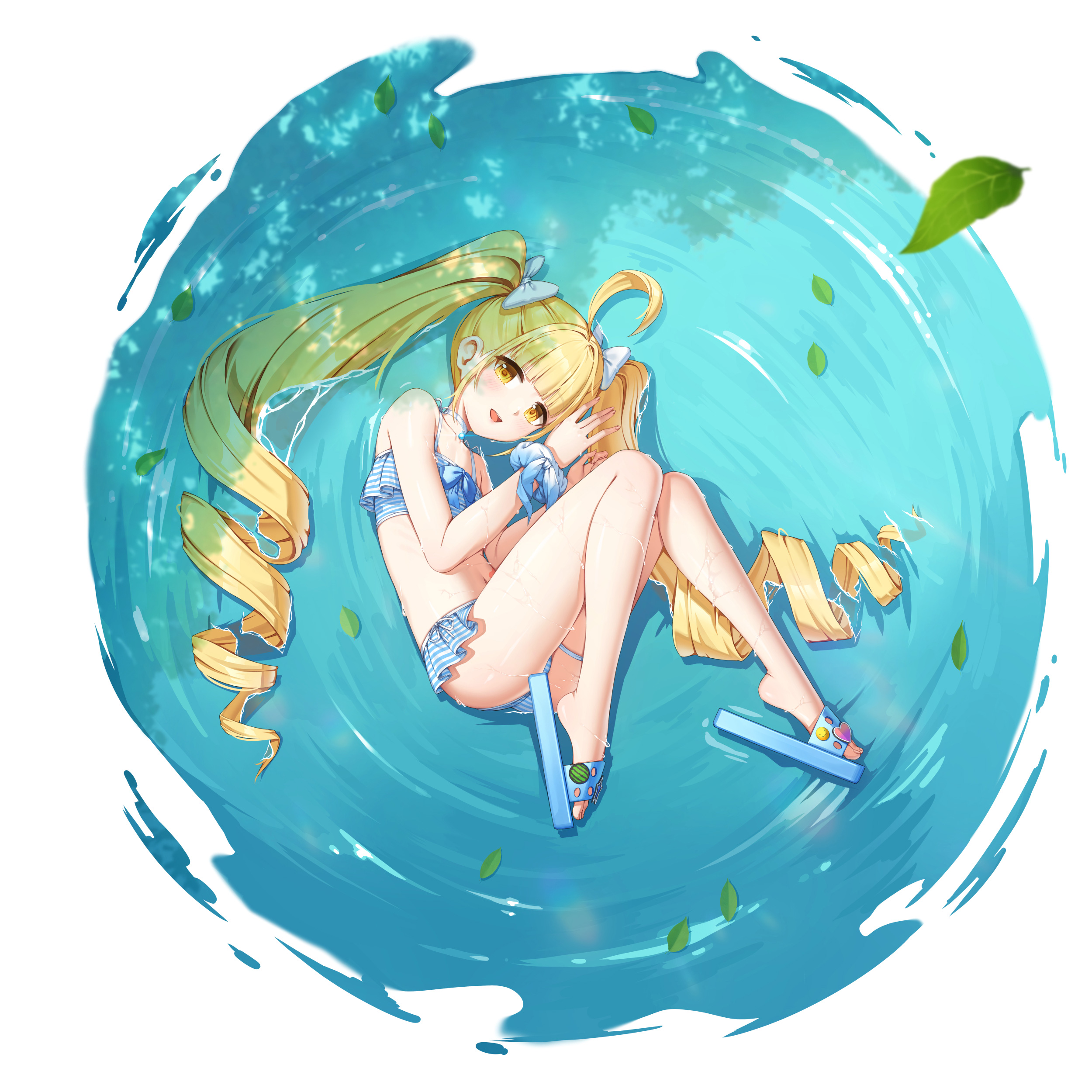 lucy (closers), closers, absurdres, highres, official art, 1girl, ahoge, bare legs, bare shoulders, bikini, blonde hair, blue bikini, bow, choker, drill hair, fetal position, full body, hair bow, long hair, looking at viewer, navel, open mouth, ribbon, slippers, smile, solo, string bikini, striped bikini, striped clothes, swimsuit, thigh strap, thighs, twin drills, twintails, very long hair, water, wet, white choker, wrist ribbon, yellow eyes