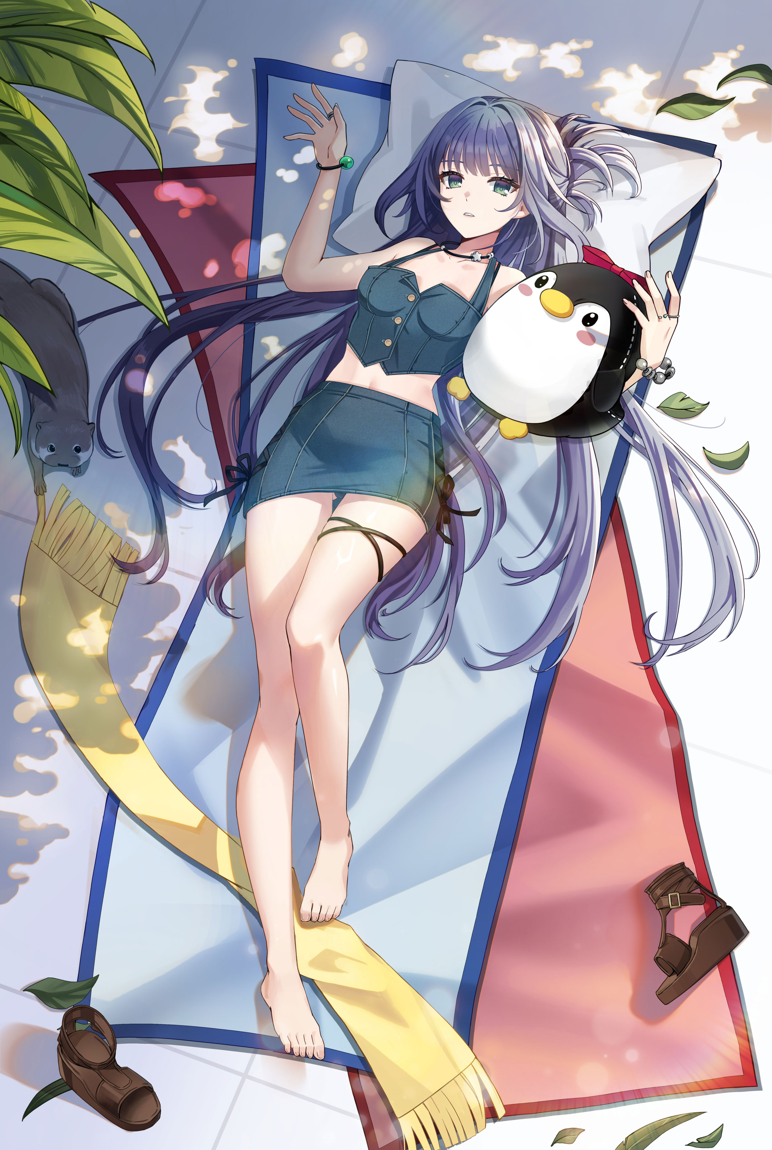 eunha (closers), closers, absurdres, highres, official art, 1girl, bare legs, bare shoulders, barefoot, blue hair, blue shirt, blue skirt, bracelet, breasts, buttons, crop top, day, denim, denim shirt, denim skirt, feet, fringe trim, gluteal fold, green eyes, half updo, hands up, jewelry, leaf, long hair, looking at viewer, lying, medium breasts, midriff, miniskirt, navel, necklace, on back, outdoors, parted lips, pillow, sandals, scarf, shirt, skirt, sleeveless, sleeveless shirt, solo, stuffed animal, stuffed penguin, stuffed toy, thighs, toes, tree shade, unworn sandals, very long hair
