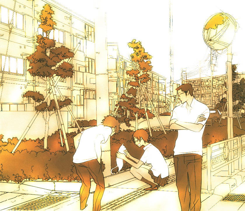 furudori yayoi, koutarou (artist), koutarou (farthest), konno makoto, mamiya chiaki, tsuda kousuke, toki wo kakeru shoujo, 00s, 3boys, apartment, cat, male focus, monochrome, multiple boys, red hair, school uniform, serafuku, short hair, slice of life, yellow theme