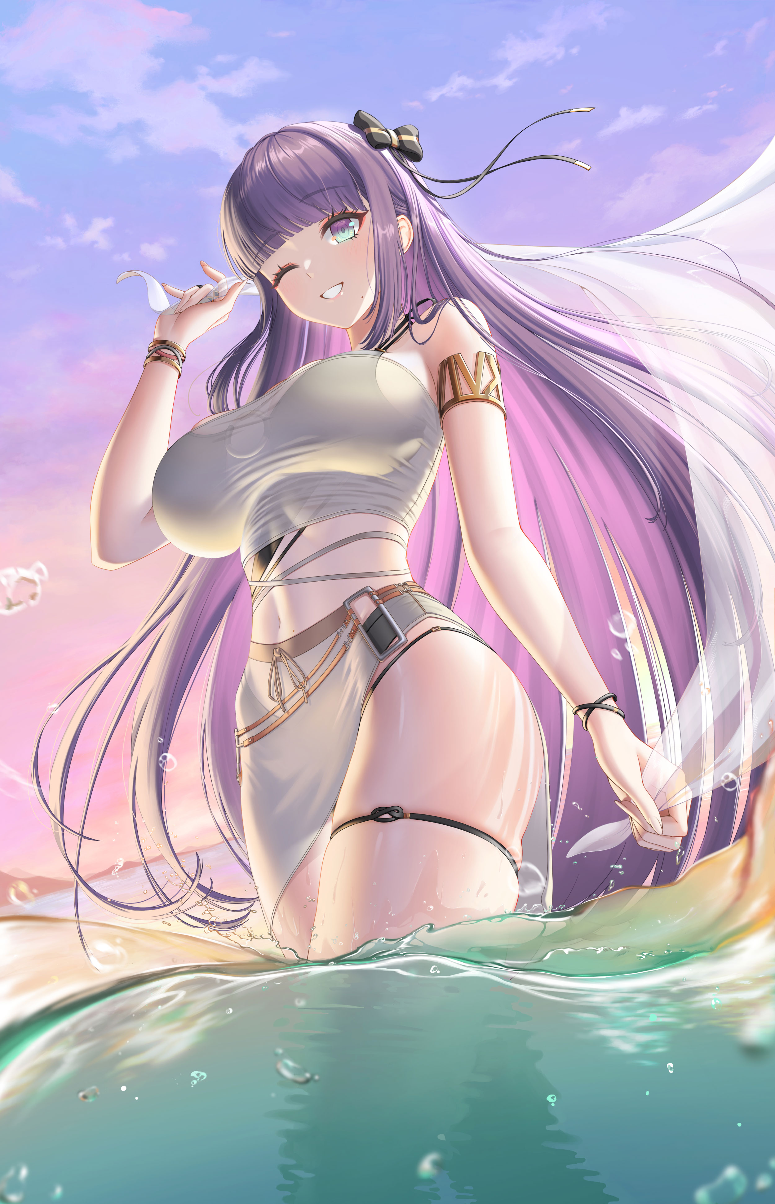 aeri (closers), closers, absurdres, highres, official art, 1girl, armlet, backlighting, bare shoulders, bikini, bikini under clothes, blue eyes, blunt bangs, bow, breasts, crop top, eyeshadow, gradient eyes, gradient hair, gradient sky, grin, hair bow, hand up, holding, jewelry, large breasts, long hair, looking at viewer, makeup, midriff, miniskirt, mole, mole under mouth, multicolored eyes, multicolored hair, navel, o-ring, one eye closed, pink hair, purple hair, see-through clothes, see-through shirt, shirt, side slit, skindentation, skirt, sky, sleeveless, sleeveless shirt, smile, solo, spaghetti strap, standing, stomach, sunset, swimsuit, thigh strap, thighs, towel, very long hair, wading, water, white shirt, white skirt, wristband
