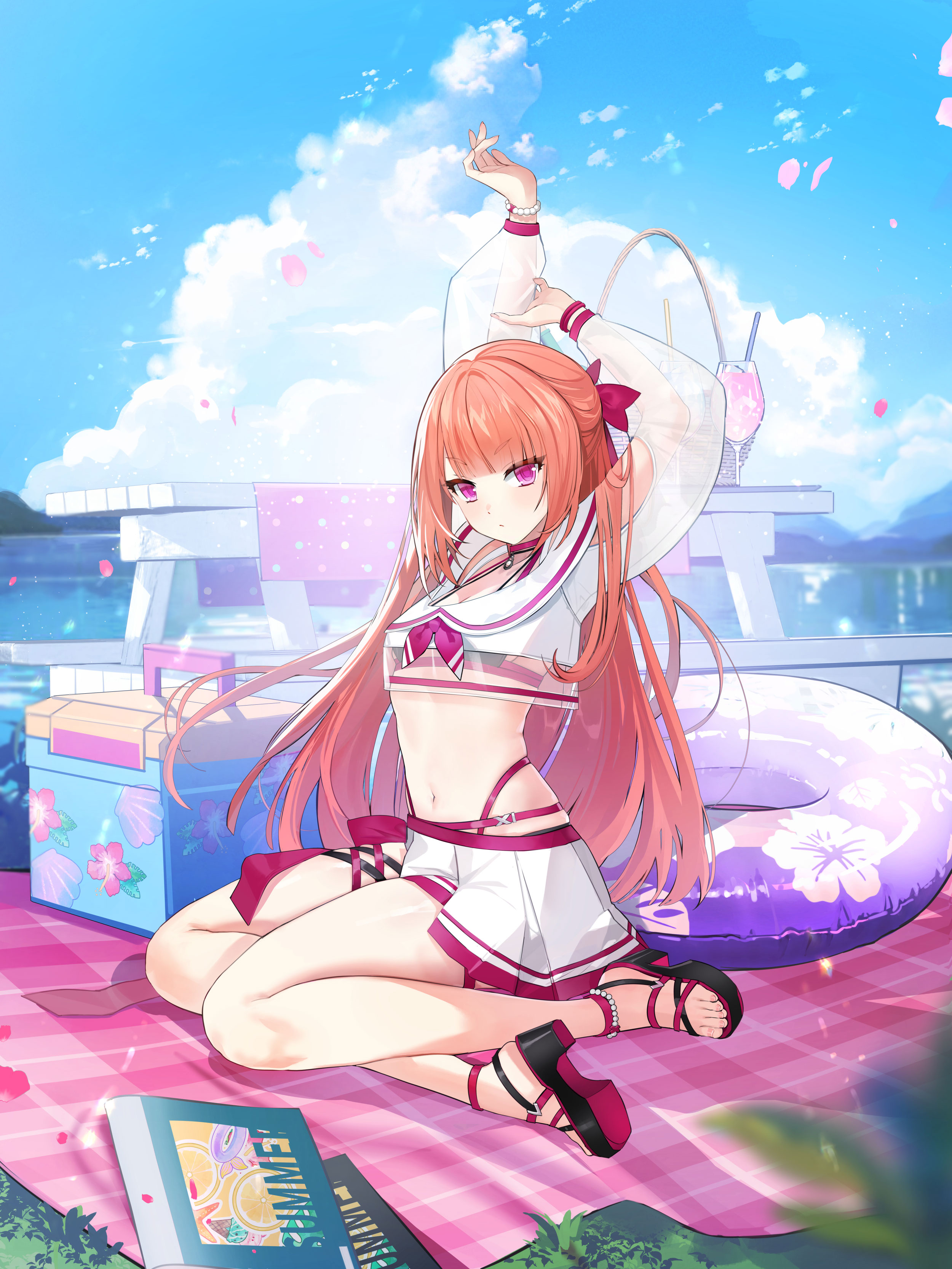 luna aegis (closers), closers, absurdres, highres, official art, 1girl, arms behind head, arms up, bare legs, bikini, bikini under clothes, black sandals, bow, breasts, choker, cleavage, closed mouth, clothing cutout, crop top, crop top overhang, day, expressionless, feet, full body, hair bow, half updo, innertube, legs, long hair, long sleeves, looking at viewer, midriff, miniskirt, multi-strapped bikini bottom, multi-strapped bikini top, navel, orange hair, outdoors, pink choker, pink eyes, platform sandals, pleated skirt, sailor collar, sandals, school uniform, see-through clothes, see-through shirt, see-through sleeves, serafuku, shirt, shoulder cutout, sitting, skirt, small breasts, solo, stomach, swim ring, swimsuit, table, thigh strap, thighs, toenails, toes, v-shaped eyebrows, very long hair, white sailor collar, white serafuku, white shirt, white skirt, yokozuwari
