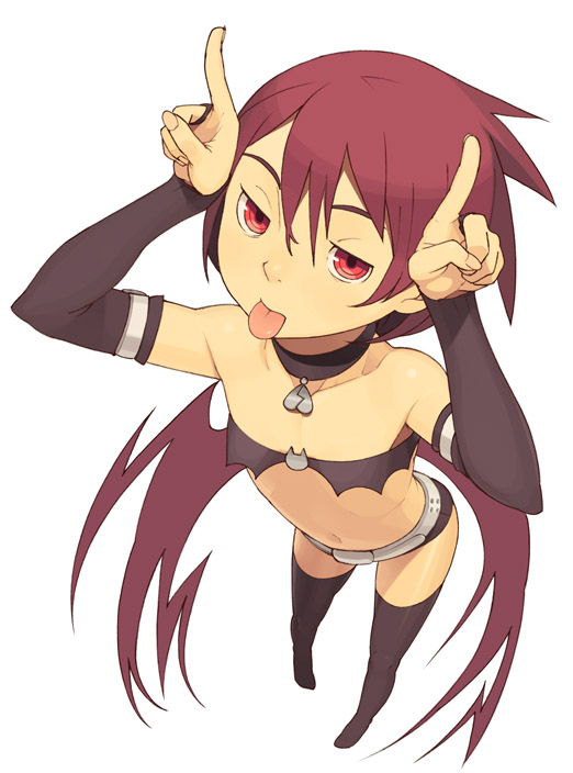 go robots, etna (disgaea), disgaea, makai senki disgaea, original, 1girl, :p, belt, choker, cosplay, demon girl, demon wings, elbow gloves, etna (disgaea) (cosplay), female focus, flat chest, gloves, midriff, navel, perspective, red eyes, red hair, short hair, short shorts, shorts, solo, thighhighs, tongue, tongue out, wings