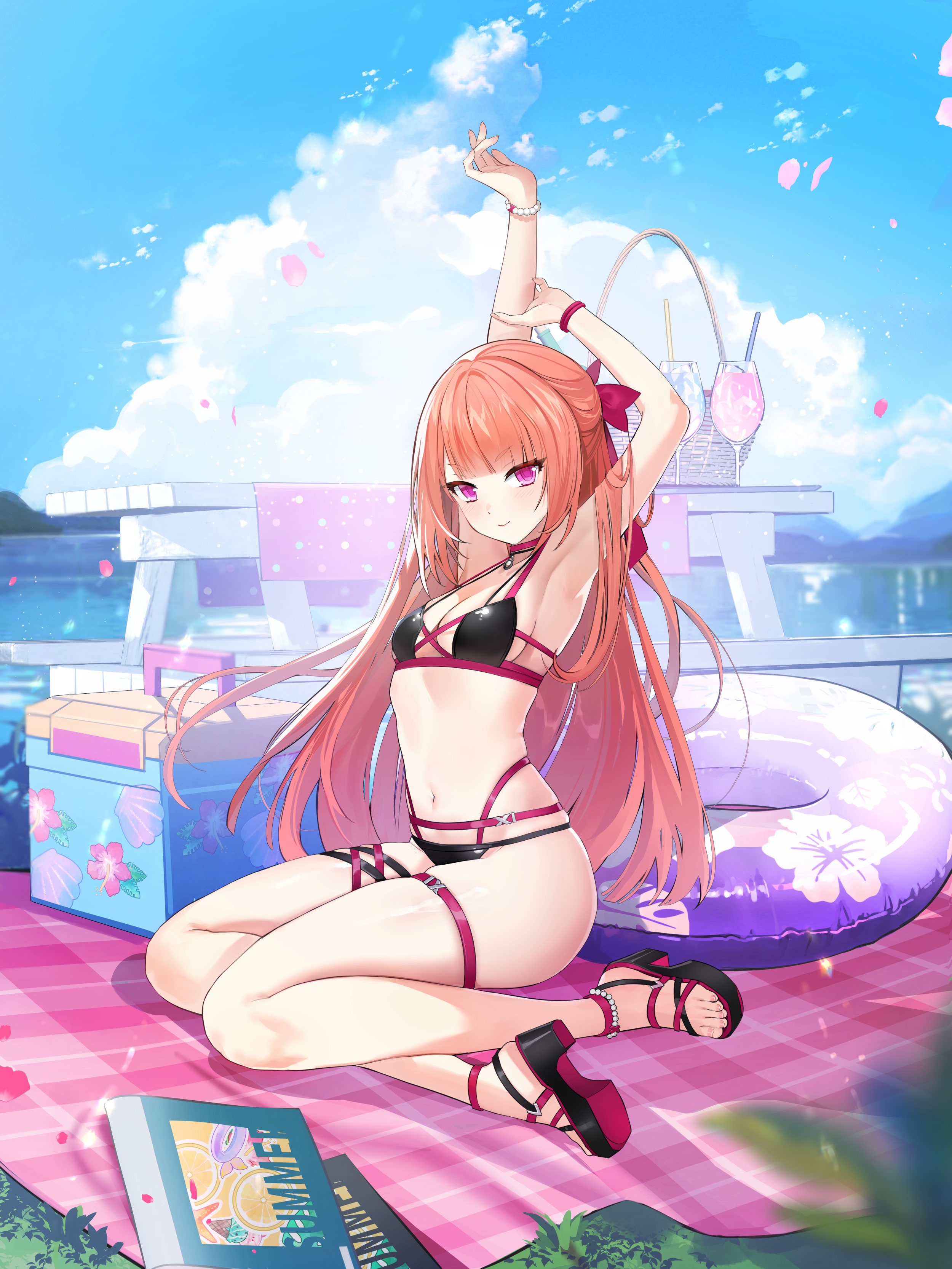 luna aegis (closers), closers, absurdres, highres, official art, 1girl, armpits, arms behind head, arms up, bare legs, bare shoulders, bead bracelet, beads, bikini, black bikini, black sandals, bow, bracelet, breasts, choker, cleavage, closed mouth, day, feet, full body, hair bow, half updo, highleg, highleg bikini, innertube, jewelry, legs, long hair, looking at viewer, multi-strapped bikini bottom, multi-strapped bikini top, multicolored bikini, navel, orange hair, outdoors, pink choker, pink eyes, platform sandals, sandals, sitting, skindentation, small breasts, smile, solo, stomach, string bikini, swim ring, swimsuit, table, thigh strap, thighs, toenails, toes, two-tone bikini, v-shaped eyebrows, very long hair, wristband, yokozuwari
