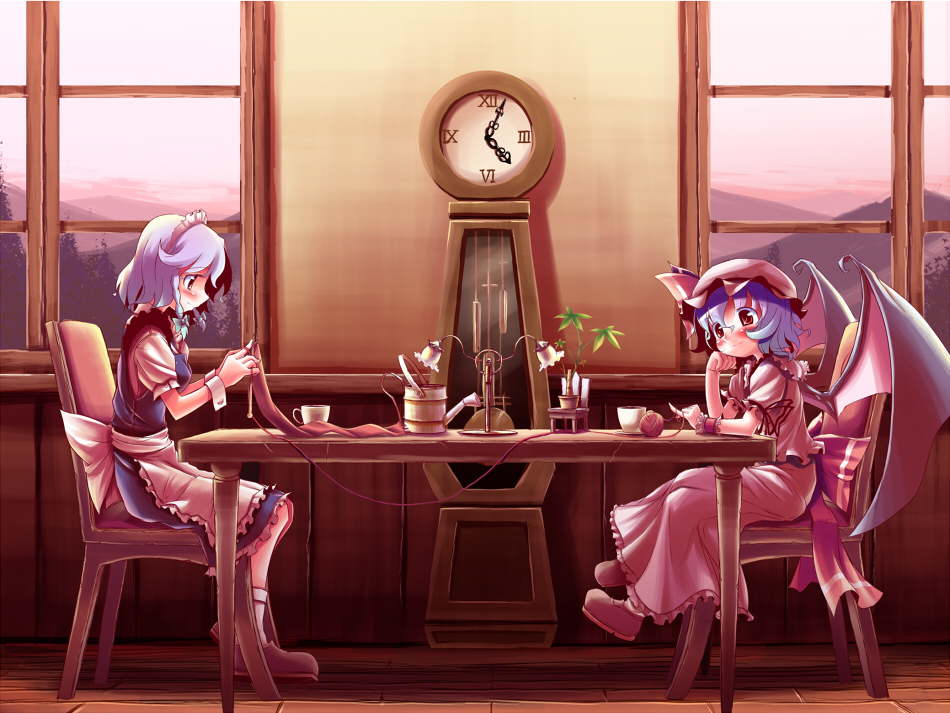takahero, izayoi sakuya, remilia scarlet, touhou, 2girls, chair, clock, dress, female focus, grandfather clock, hat, head rest, indoors, knitting, maid, multiple girls, skirt, sky, table, wings
