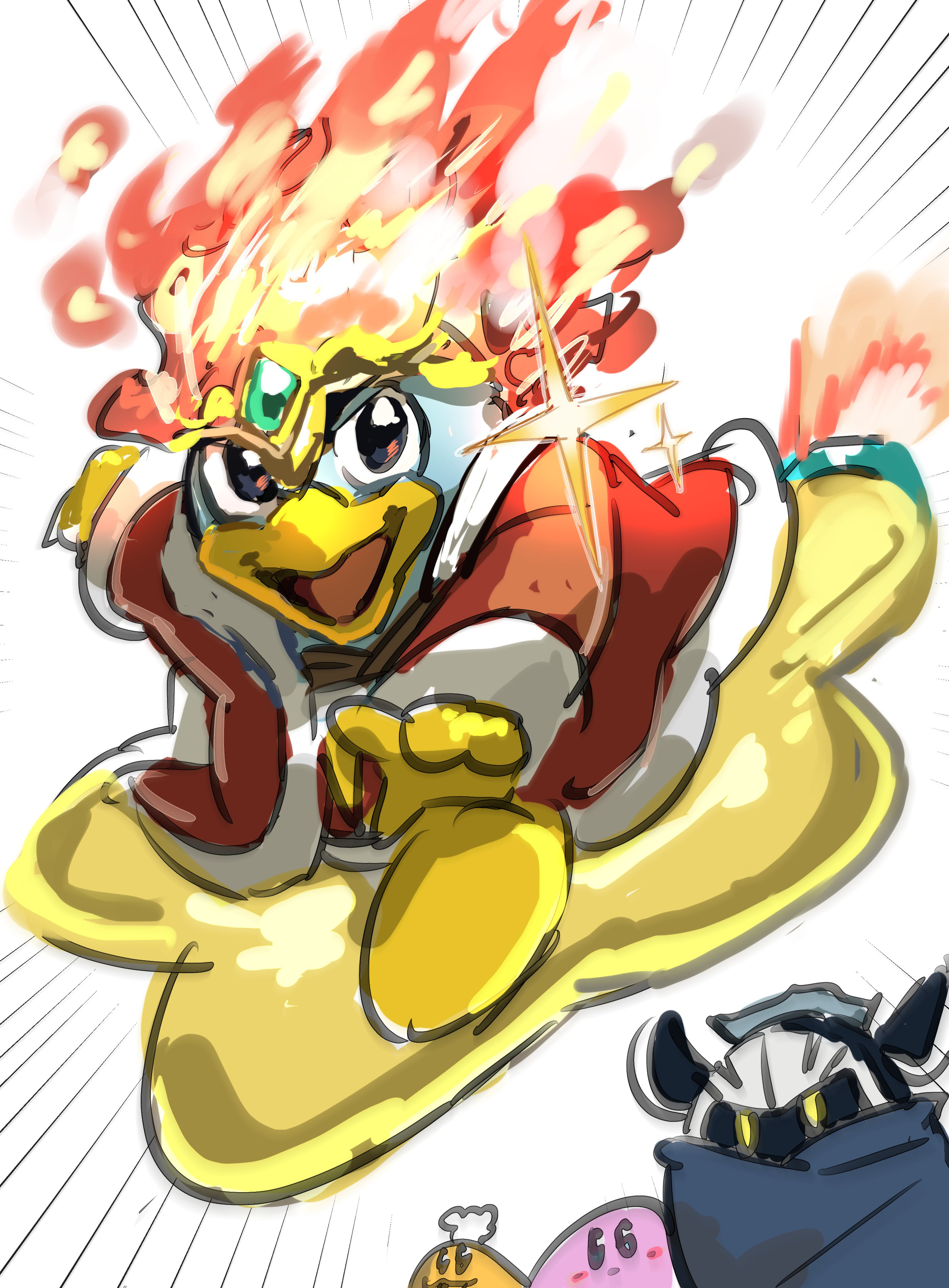 tsumayouji (tsumayoooooji12), chef kawasaki, king dedede, kirby, meta knight, kirby: right back at ya!, kirby (series), kirby air ride, kirby air riders, nintendo, absurdres, highres, armor, copy ability, emphasis lines, fire, gloves, looking at viewer, pauldrons, shoulder armor, sketch, solo focus, sparkle, yellow gloves