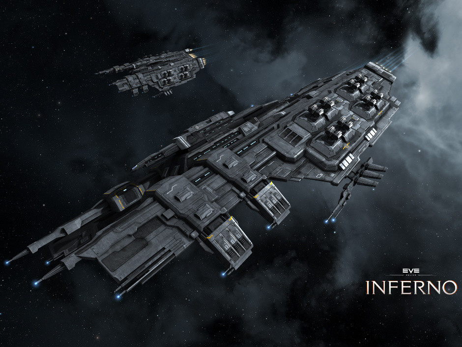 eve online, commentary, maya (medium), official art, 3d, battlecruiser (eve online), caldari state (eve online), cloud, combat ship (eve online), copyright logo, copyright name, dark background, drake (eve online), flying, glowing, grey theme, kaalakiota corporation (eve online), logo, military vehicle, missile pod, no humans, outdoors, radio antenna, realistic, science fiction, space, spacecraft, spacecraft turret, star (sky), starry sky background, support ship (eve online), vehicle focus, ymir jonsson