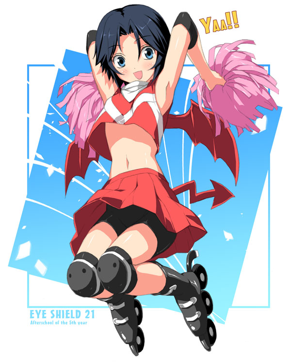 kantoku, taki suzuna, eyeshield 21, !, !!, 00s, 1girl, armpits, bike shorts, black hair, blue eyes, cheerleader, demon tail, demon wings, elbow pads, female focus, in-line skates, inline skates, jumping, knee pads, midriff, pleated skirt, pom pom (cheerleading), roller skates, short hair, skates, skirt, solo, tail, wind, wind lift, wings