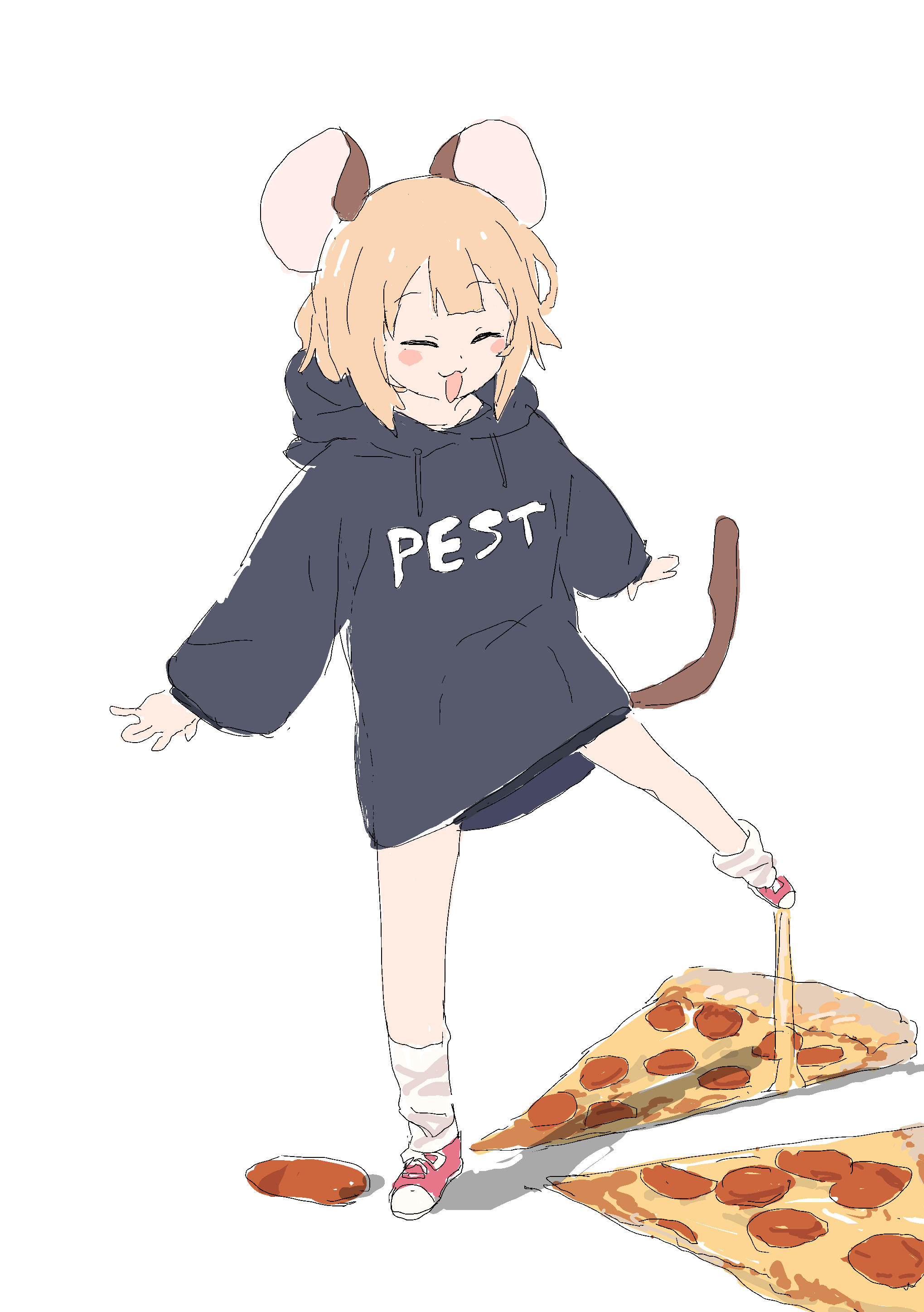 mmmkawaine, original, absurdres, highres, 1girl, animal ears, black hoodie, blonde hair, blush, cheese, cheese trail, closed eyes, english text, food, hood, hoodie, mouse ears, mouse girl, mouse tail, no pants, pepperoni, pepperoni pizza, pizza, red shoes, shadow, shoes, short hair, simple background, smile, socks, solo, tail, white background, white socks