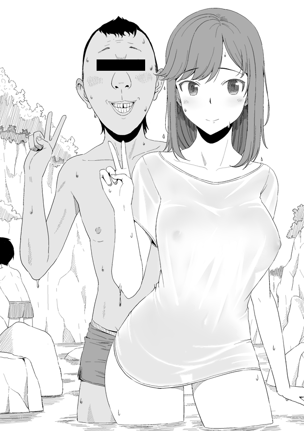 taito0630, ichijou hotaru, non non biyori, 1girl, 2boys, blush, breasts, censored, censored identity, covered erect nipples, lake, light blush, multiple boys, nipples, no bra, osugaki, see-through clothes, smile, sweat, sweatdrop, swimsuit, ugly bastard, v, wet