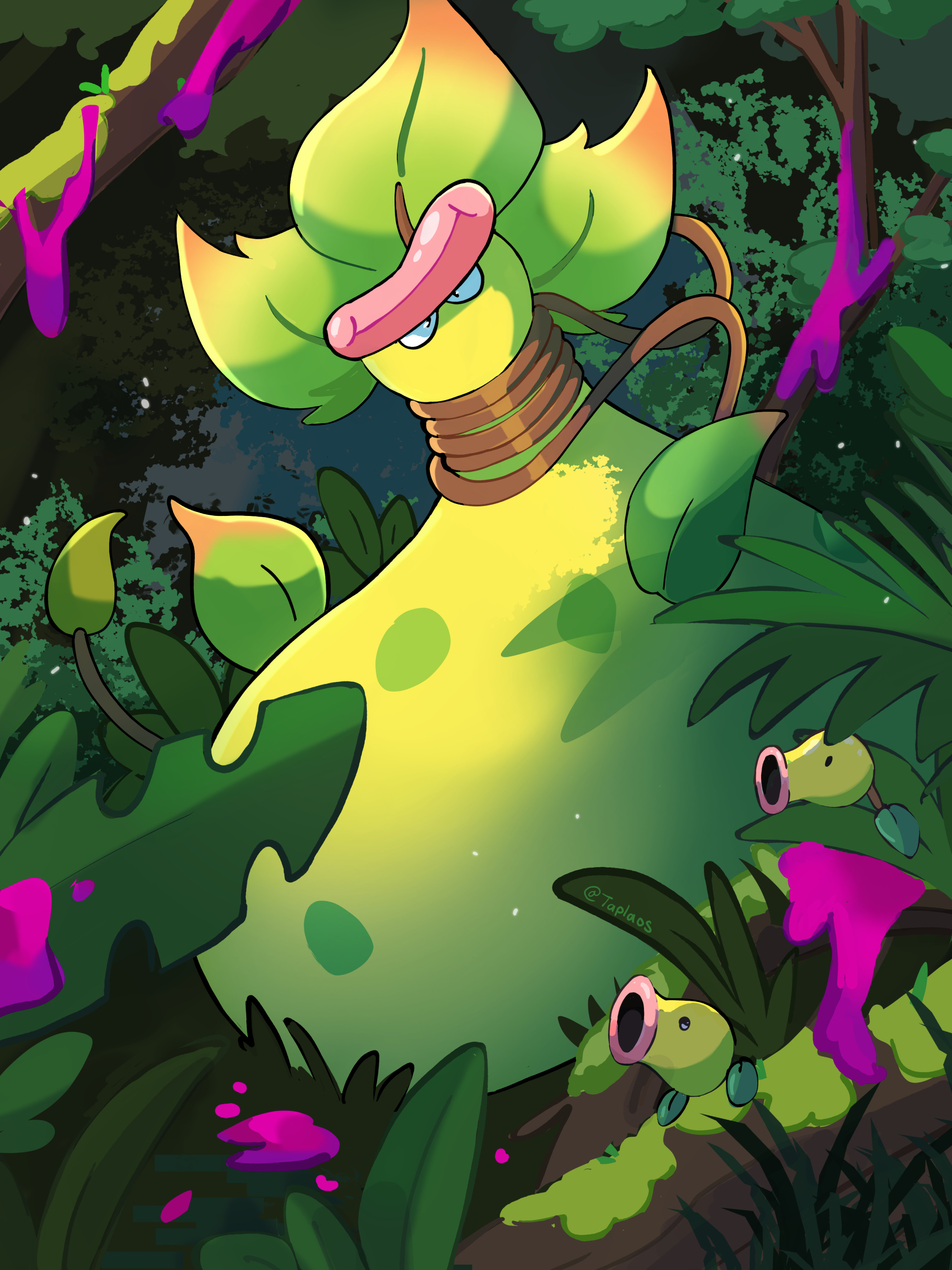 taplaos, bellsprout, mega victreebel, nintendo, pokemon, absurdres, highres, artist name, forest, gen 1 pokemon, log, nature, no humans, outdoors, plant, poison, pokemon (creature), tree, vines