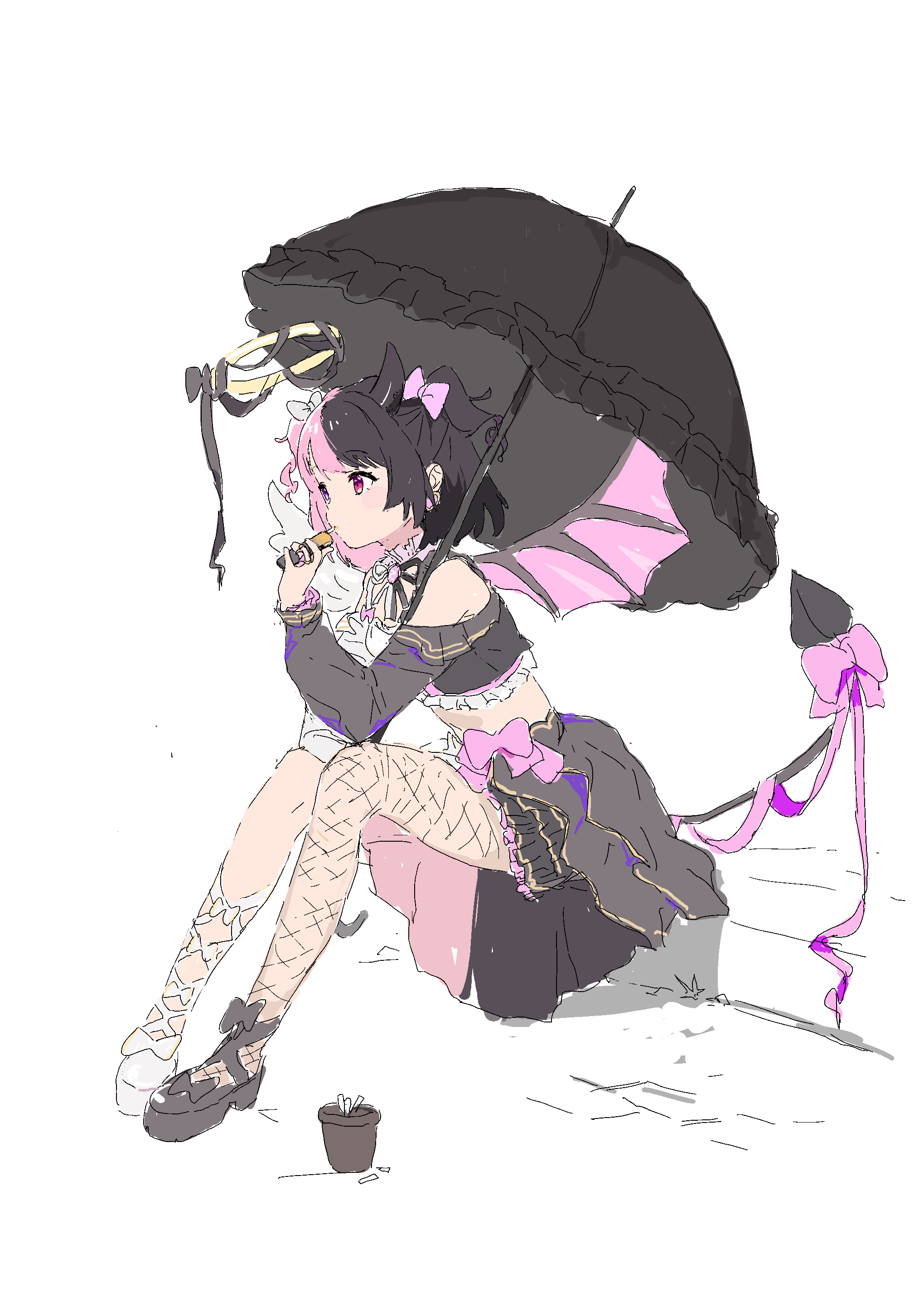 mmmkawaine, amaki pururu, reject (esports), absurdres, highres, 1girl, angel wings, asymmetrical wings, black hair, black skirt, black umbrella, bow, bowtie, cigarette, demon horns, demon tail, demon wings, electronic cigarette, fishnets, gothic lolita, halo, horns, lolita fashion, multicolored hair, multicolored skirt, pink bow, pink hair, pink skirt, simple background, sitting, skirt, solo, tail, umbrella, white background, white bow, wings, yellow halo