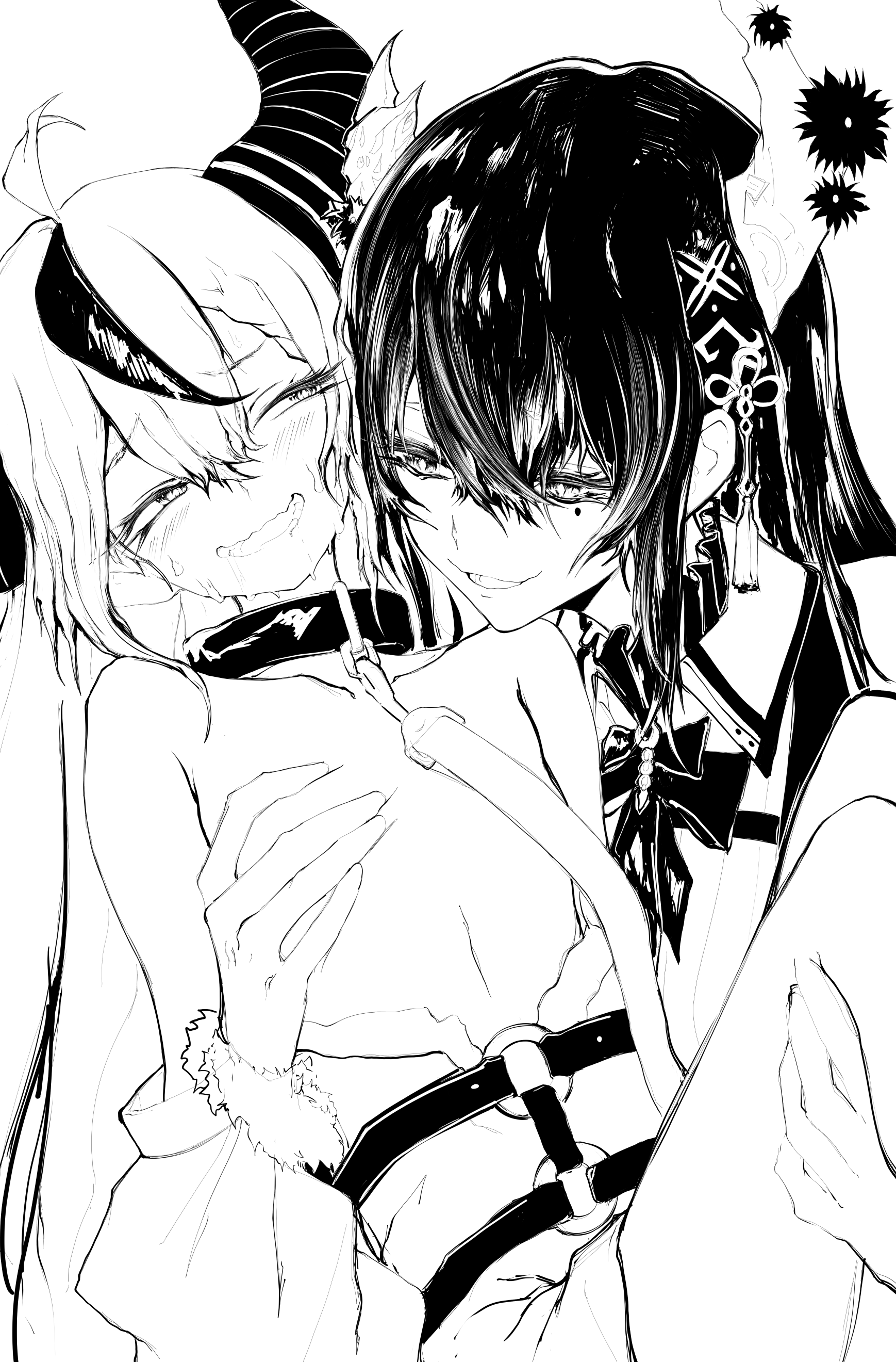 whosadaman, la+ darknesss, nerissa ravencroft, hololive, hololive english, absurdres, highres, 2girls, ahoge, asymmetrical horns, black hair, collar, demon horns, drooling, flat chest, flower, greyscale, hair ornament, horn flower, horns, leash, lineart, long hair, mole, mole under eye, monochrome, multiple girls, simple background, smile, sweat, tassel, tassel hair ornament, virtual youtuber, white background