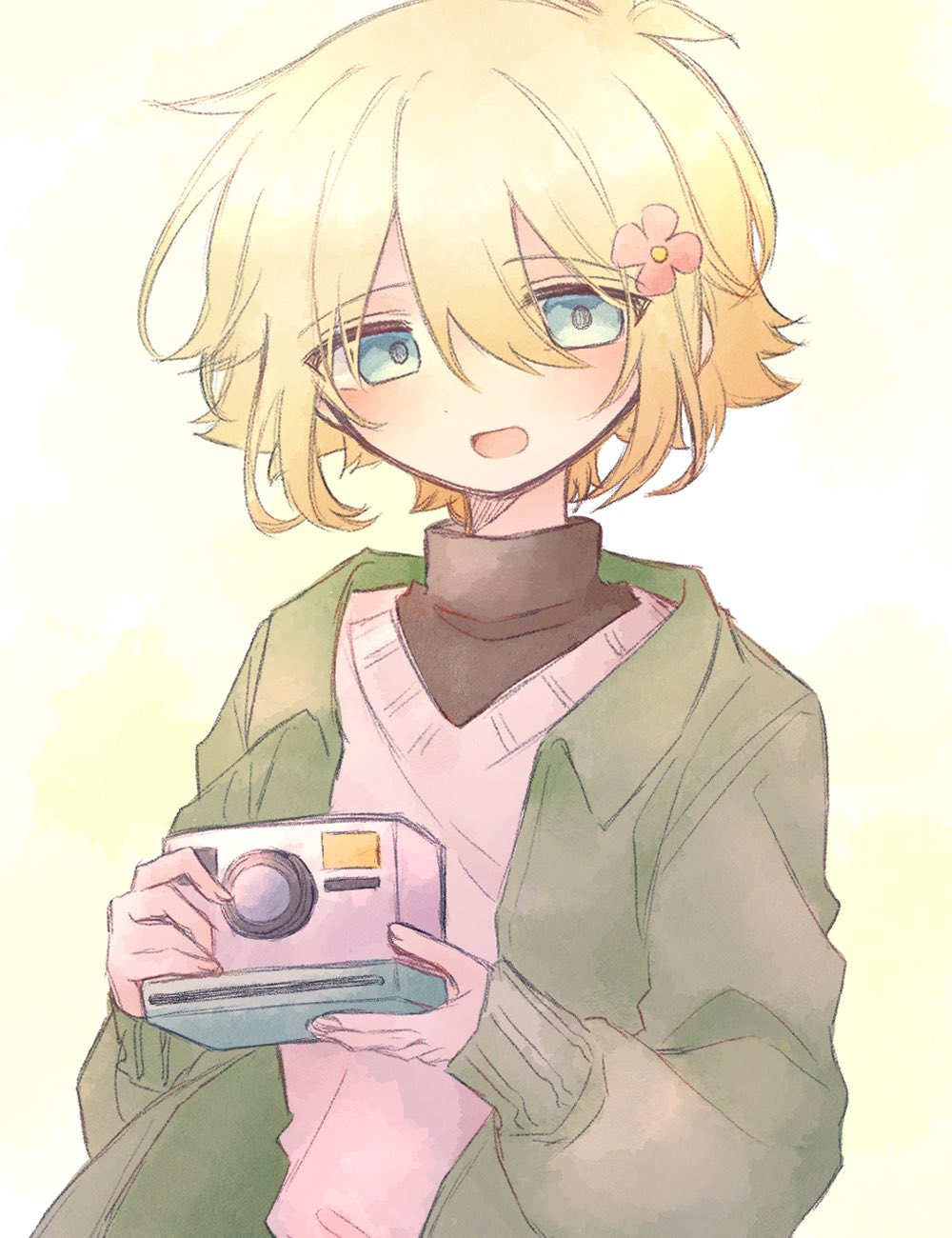 basil (faraway) (omori), basil (omori), omori, highres, 1boy, alternate costume, antenna hair, blue eyes, camera, flower, green card, hair between eyes, hair flower, hair ornament, holding, holding camera, mimi utlove, short hair, sidelocks, solo, sweater, upper body, white sweater