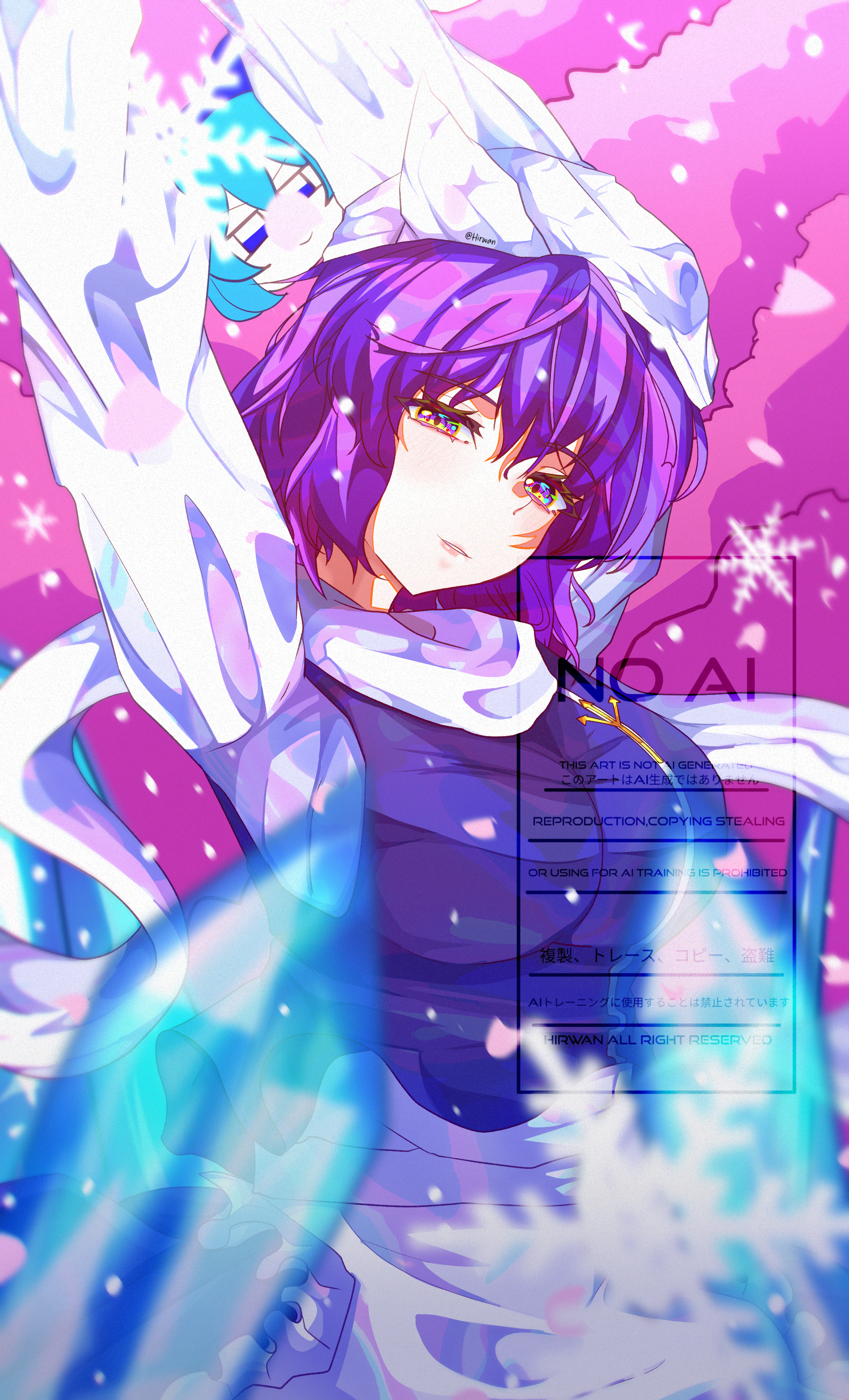 hirwannew, cirno, letty whiterock, perfect cherry blossom, touhou, absurdres, commentary, english commentary, highres, self-upload, tagme, 2girls, arms up, artist name, english text, falling petals, fumo (doll), hat, ice, lapel pin, multiple girls, petals, purple eyes, purple hair, scarf, snow, snowflakes, watermark, white scarf