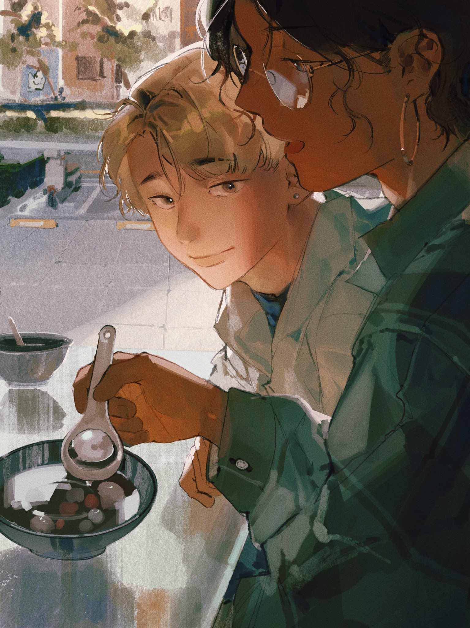 amo (amo 0514), original, commentary request, highres, 2boys, arm on table, blonde hair, bowl, brown eyes, brown hair, closed mouth, day, earrings, eating, food, from side, glasses, green shirt, holding, holding spoon, hoop earrings, indoors, jewelry, leaning forward, long sleeves, looking at viewer, looking to the side, male focus, motor vehicle, multiple boys, open mouth, parted bangs, raised eyebrows, scooter, shirt, short hair, sitting, smile, soup, spoon, striped clothes, striped shirt, table, tile floor, tiles, turning head, upper body, white shirt