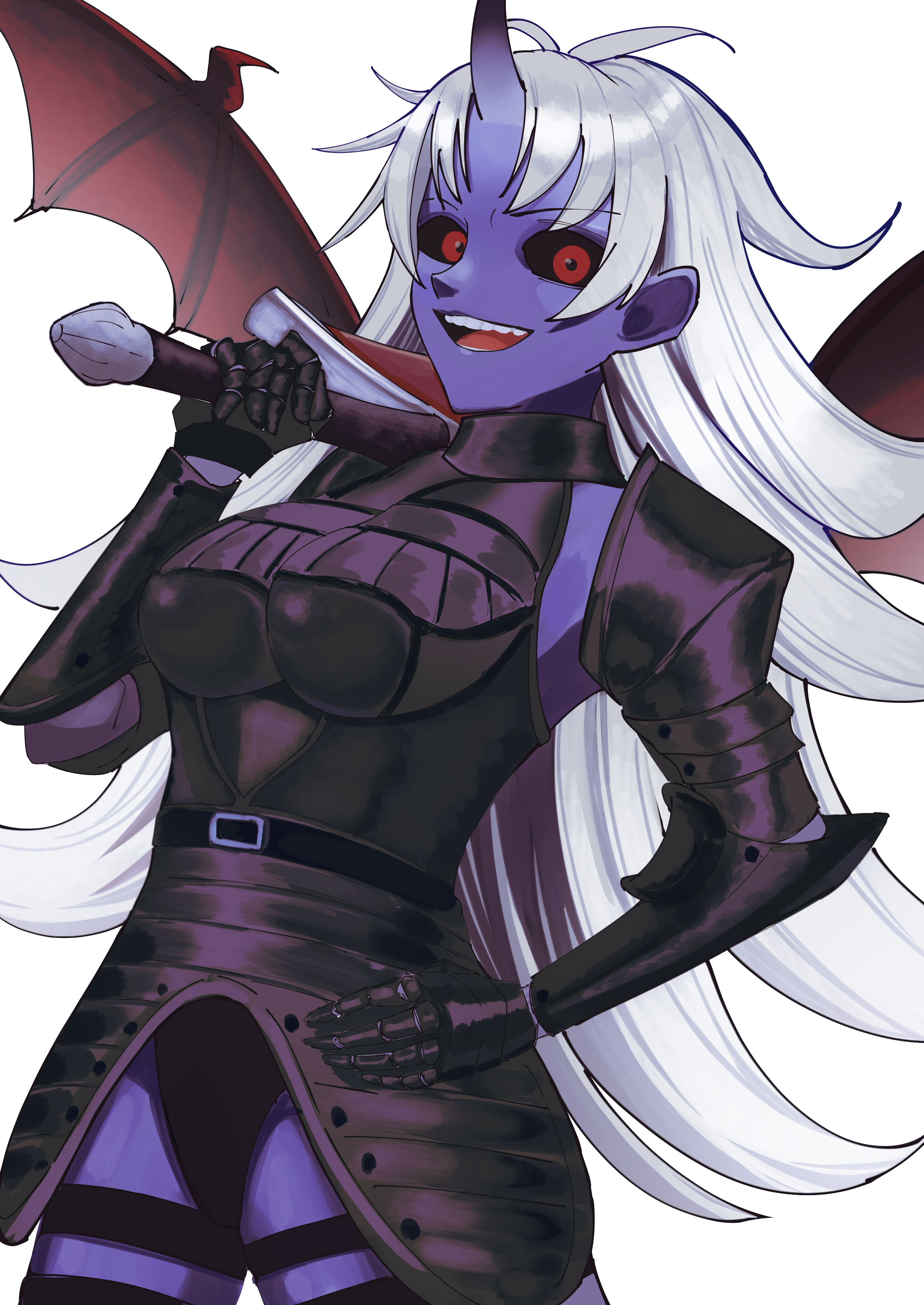 shirai kyushin, atoferatofe rybak, absurdres, copyright request, highres, armor, bat wings, black sclera, blue skin, colored sclera, colored skin, holding, holding sword, holding weapon, horns, long hair, red eyes, single horn, sword, weapon, white hair, wings