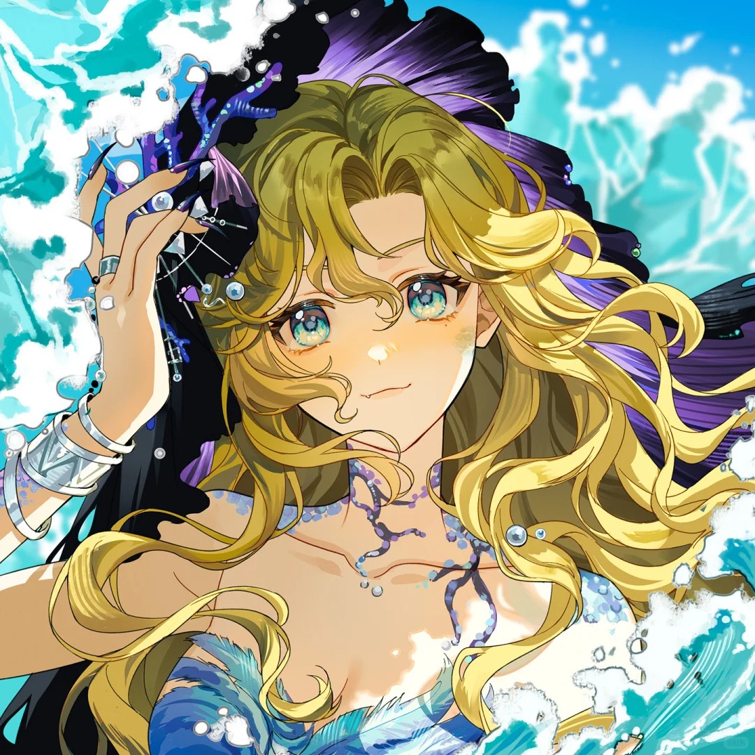 sop (sopdraws), vila (reverse:1999), reverse:1999, commission, 1girl, :3, bare shoulders, black nails, blonde hair, blue background, blue eyes, blue tube top, bracelet, coral hair ornament, fang, hand on own head, hand up, jewelry, long hair, looking at viewer, official alternate costume, portrait, purple veil, scales, skin fang, solo, strapless, tube top, veil, water