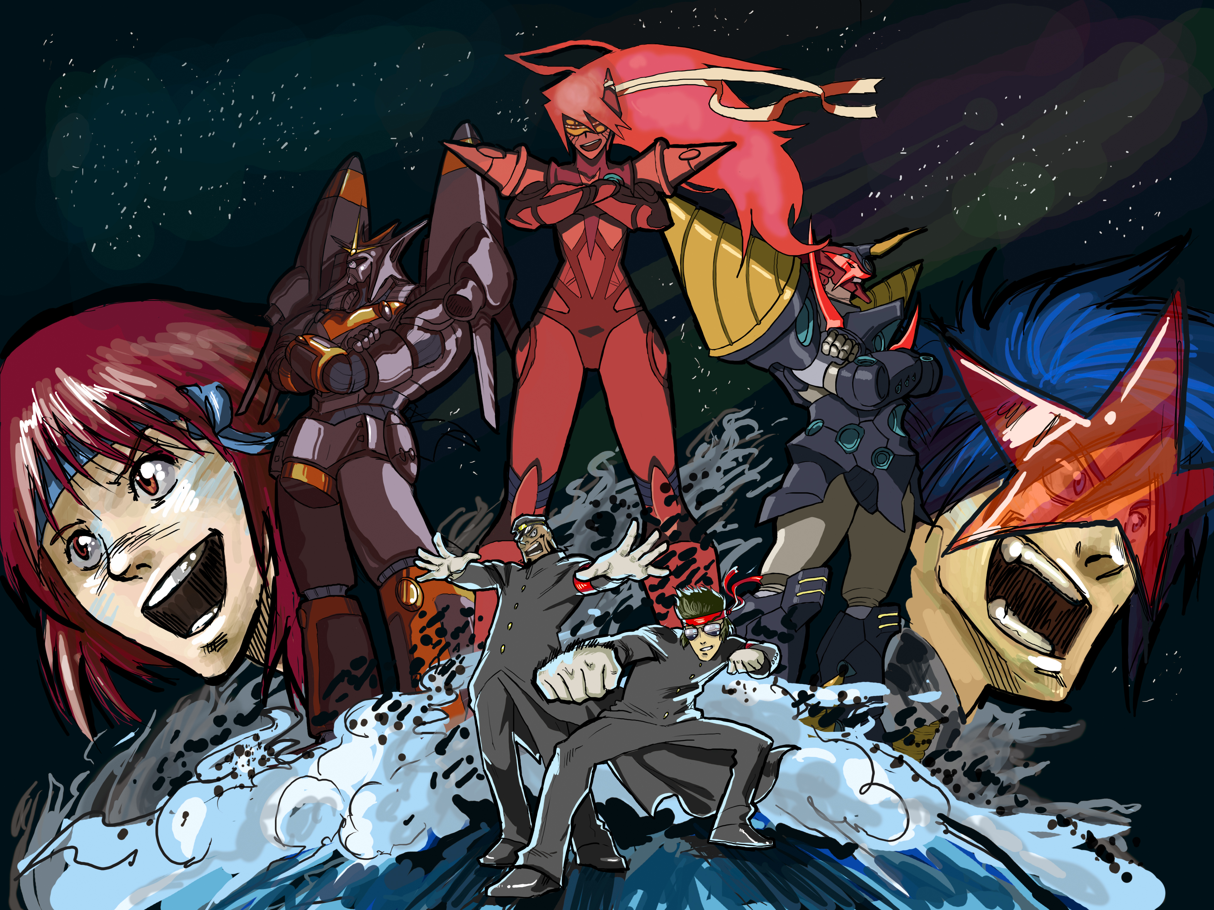 drawfag, shroedinger, buster machine 7, chouginga gurren-lagann, gunbuster, gurren-lagann, koichiro ohta, lordgenome, oota kouichirou, simon (ttgl), takaya noriko, black lagoon, gainax, osu! tatakae! ouendan, tengen toppa gurren lagann, top wo nerae!, top wo nerae! (series), top wo nerae 2!, absurdres, highres, md5 mismatch, resized, resolution mismatch, source smaller, upscaled, 00s, 2girls, 3boys, company connection, crossover, epic, manly, multiple boys, multiple girls, ouendan, space