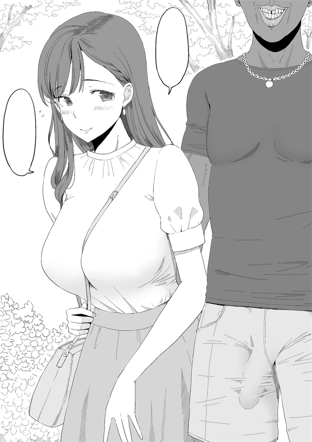 taito0630, original, uncomfortable, 1boy, 1girl, blush, breasts, bulge, dark-skinned male, dark skin, earrings, erection, erection under clothes, faceless, faceless male, forced smile, jewelry, large breasts, light blush, long hair, monochrome, nervous, nervous smile, nervous sweating, smile, sweat, ugly bastard