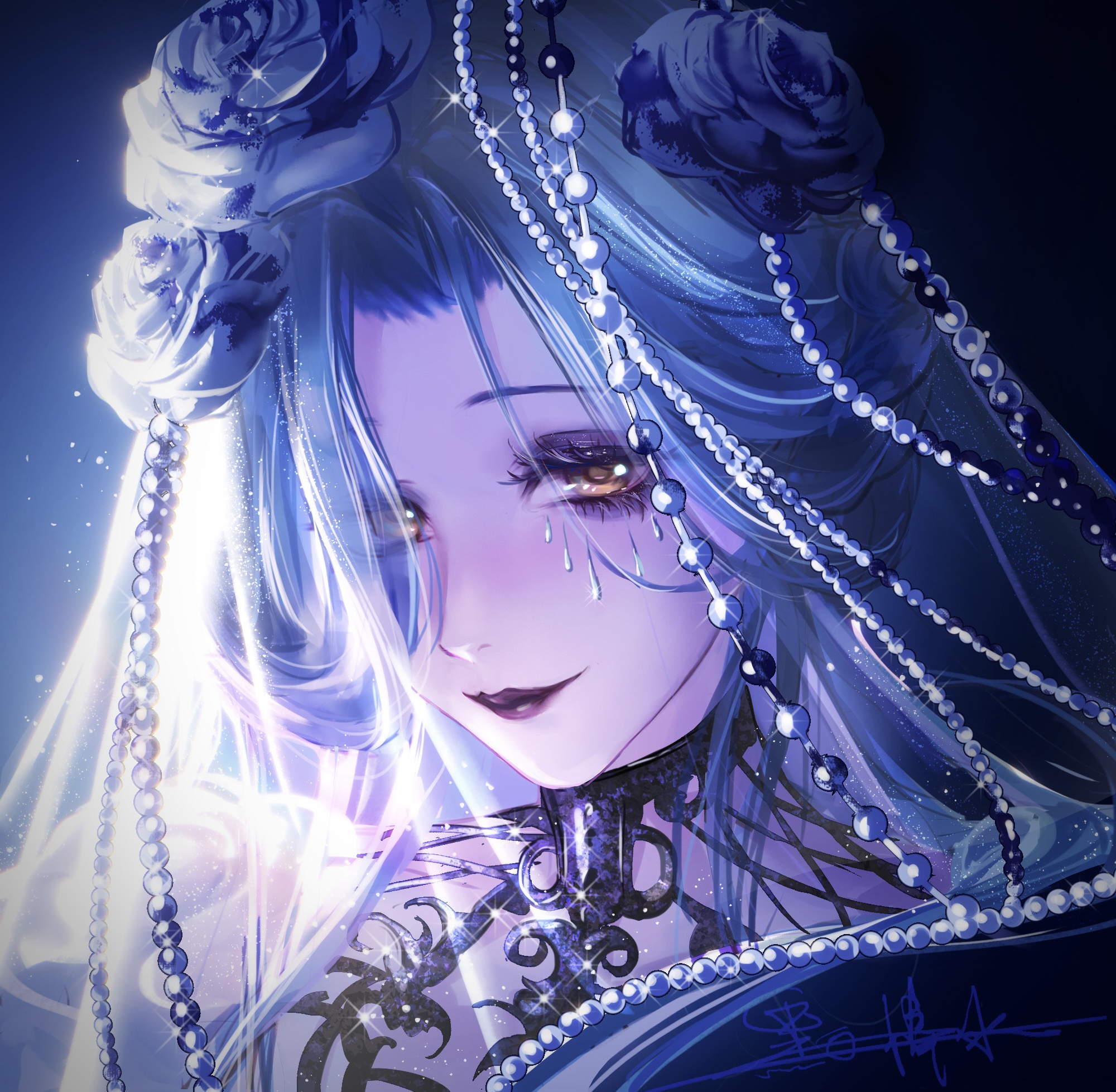 heibai bangbing, path to nowhere, chinese commentary, commentary, highres, 1girl, blue background, blue flower, blue hair, blue rose, blush, bridal veil, curtained hair, diffraction spikes, eyeliner, flower, forehead, glitter makeup, gradient background, graves (path to nowhere), hair flower, hair ornament, hair over one eye, half updo, light particles, looking at viewer, makeup, parted bangs, pearl hair ornament, portrait, red lips, rose, signature, simple background, smile, solo, teardrop facial mark, veil, yellow eyes