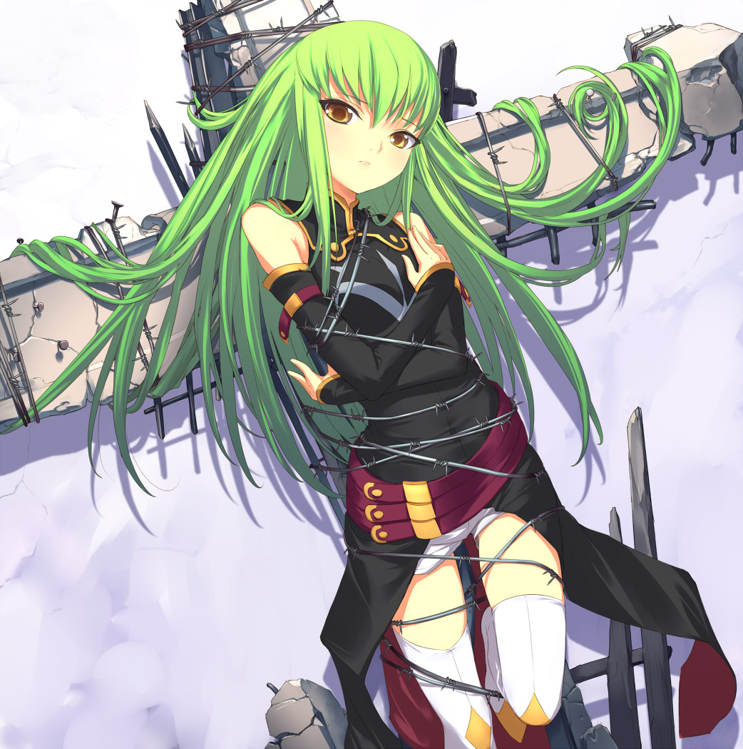 uni (plastic girl), c.c., code geass, 00s, 1girl, barbed wire, bdsm, bondage, bound, cross, detached sleeves, female focus, green hair, long hair, solo, thighhighs, tied up (nonsexual), yellow eyes
