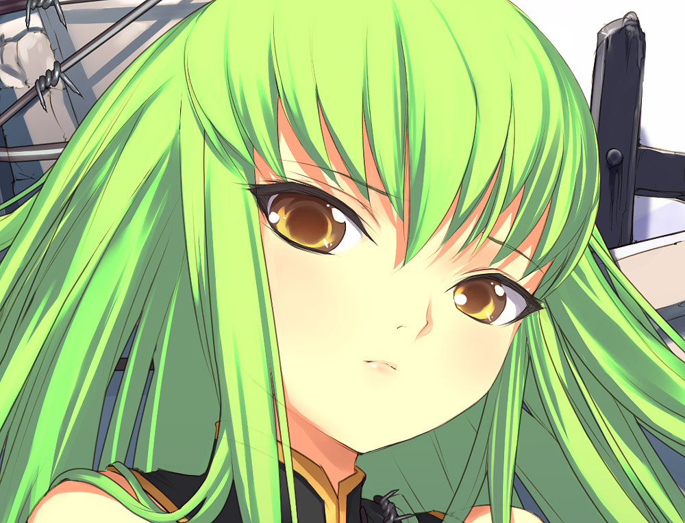 uni (plastic girl), c.c., code geass, 00s, 1girl, female focus, green hair, long hair, portrait, solo, yellow eyes