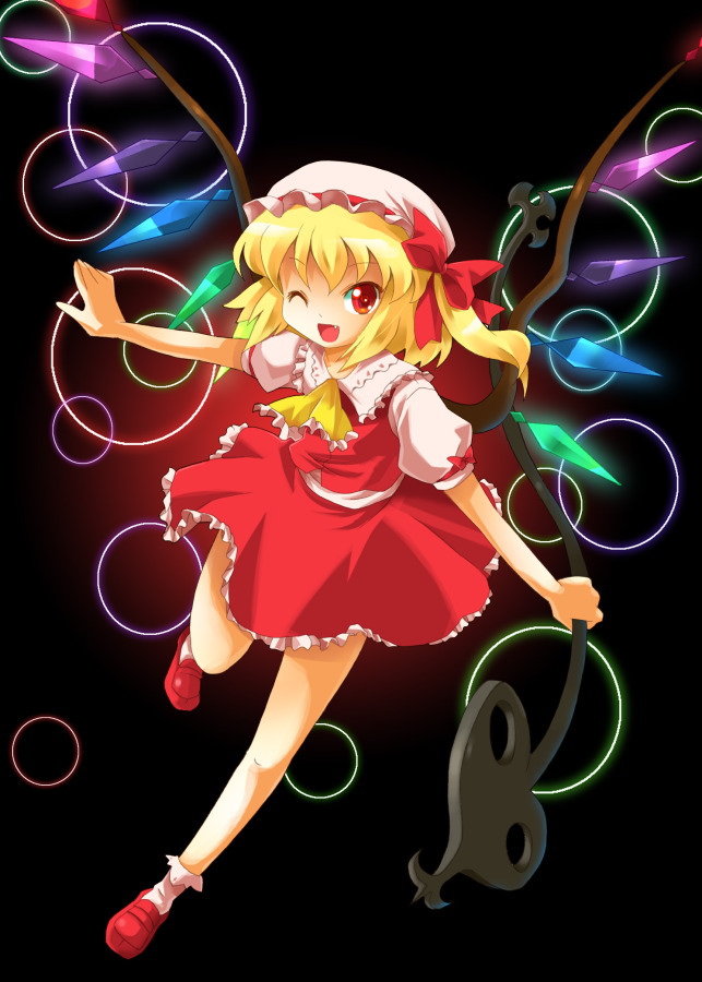 michii yuuki, flandre scarlet, touhou, 1girl, black background, blonde hair, blouse, collared shirt, dress, female focus, hat, mob cap, one eye closed, red eyes, shirt, solo, white hat, white shirt, wings, wink
