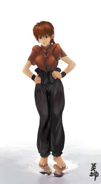 lyk, ranma-chan, saotome ranma, ranma 1/2, 1girl, barefoot, braid, braided ponytail, female focus, full body, genderswap, genderswap (mtf), red hair, single braid, solo, standing, water, wet