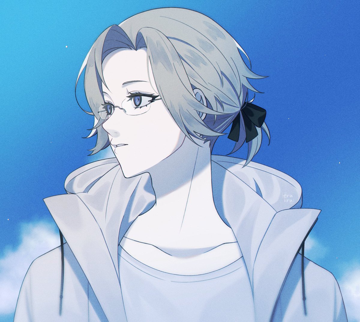 aquam0n1ca, aotsuki eito, the hundred line -last defense academy-, commentary, english commentary, mixed-language commentary, variant set, 1boy, black bow, bow, collarbone, glasses, grey hair, hair bow, jacket, looking to the side, male focus, open clothes, open jacket, parted lips, ponytail, purple eyes, shirt, short hair, short ponytail, sky, solo, upper body, white jacket, white shirt