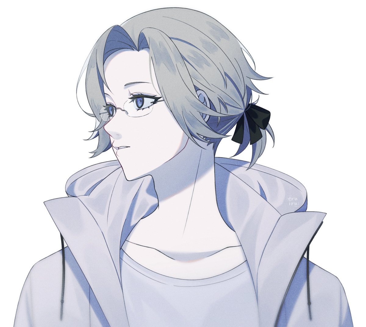 aquam0n1ca, aotsuki eito, the hundred line -last defense academy-, commentary, english commentary, mixed-language commentary, variant set, 1boy, black bow, bow, collarbone, glasses, grey hair, hair bow, jacket, looking to the side, male focus, open clothes, open jacket, parted lips, ponytail, purple eyes, shirt, short hair, short ponytail, simple background, solo, upper body, white background, white jacket, white shirt