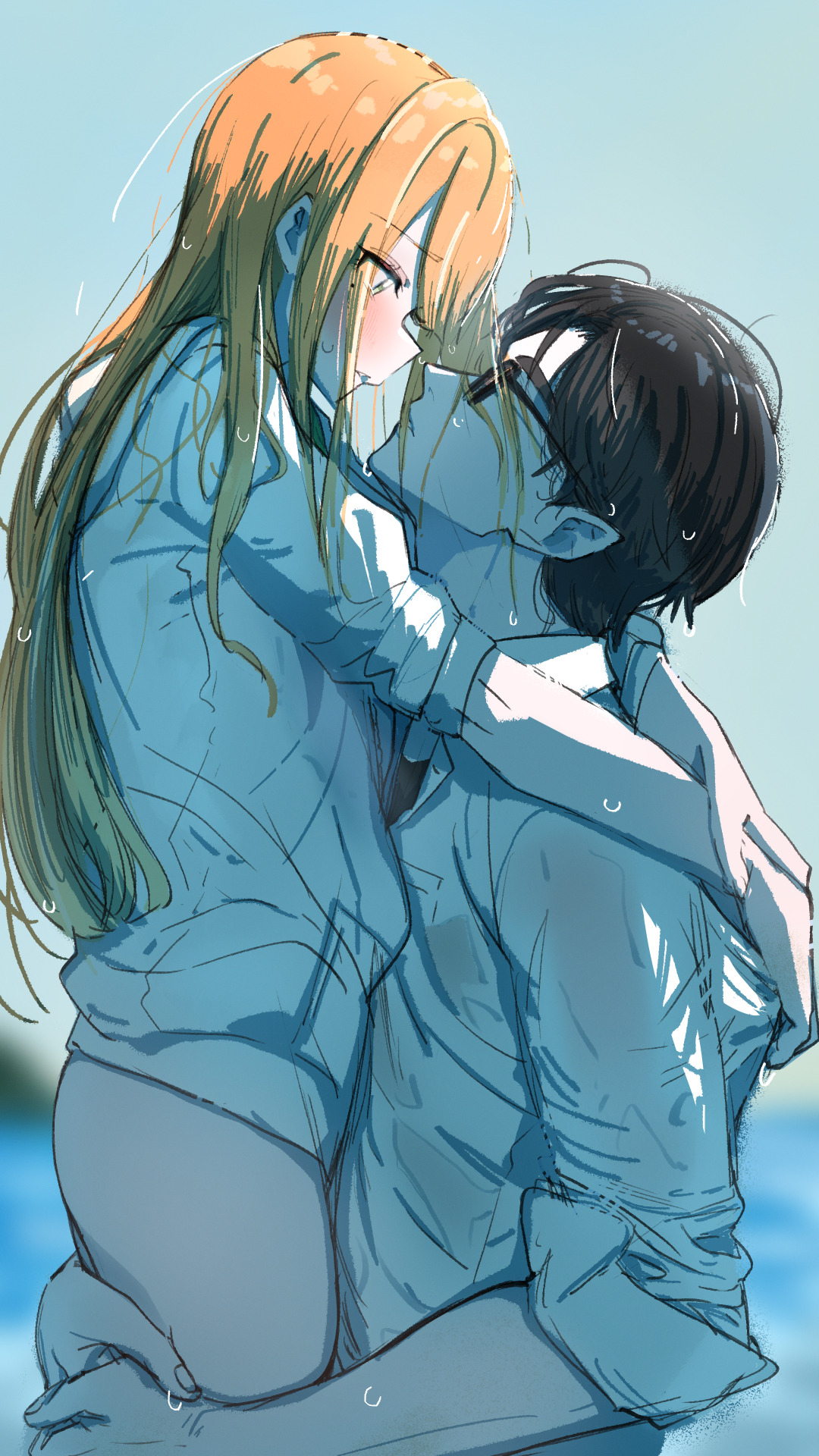 kasasagi (futagodori888), producer (idolmaster), shiun sumika, gakuen idolmaster, idolmaster, commentary request, highres, 1boy, 1girl, ass, black-framed eyewear, black hair, blush, carrying, carrying person, facing another, glasses, green eyes, hetero, hug, jacket, long hair, mole, mole under eye, orange hair, outdoors, profile, shirt, straight hair, very long hair, wet, wet clothes, white jacket, white shirt