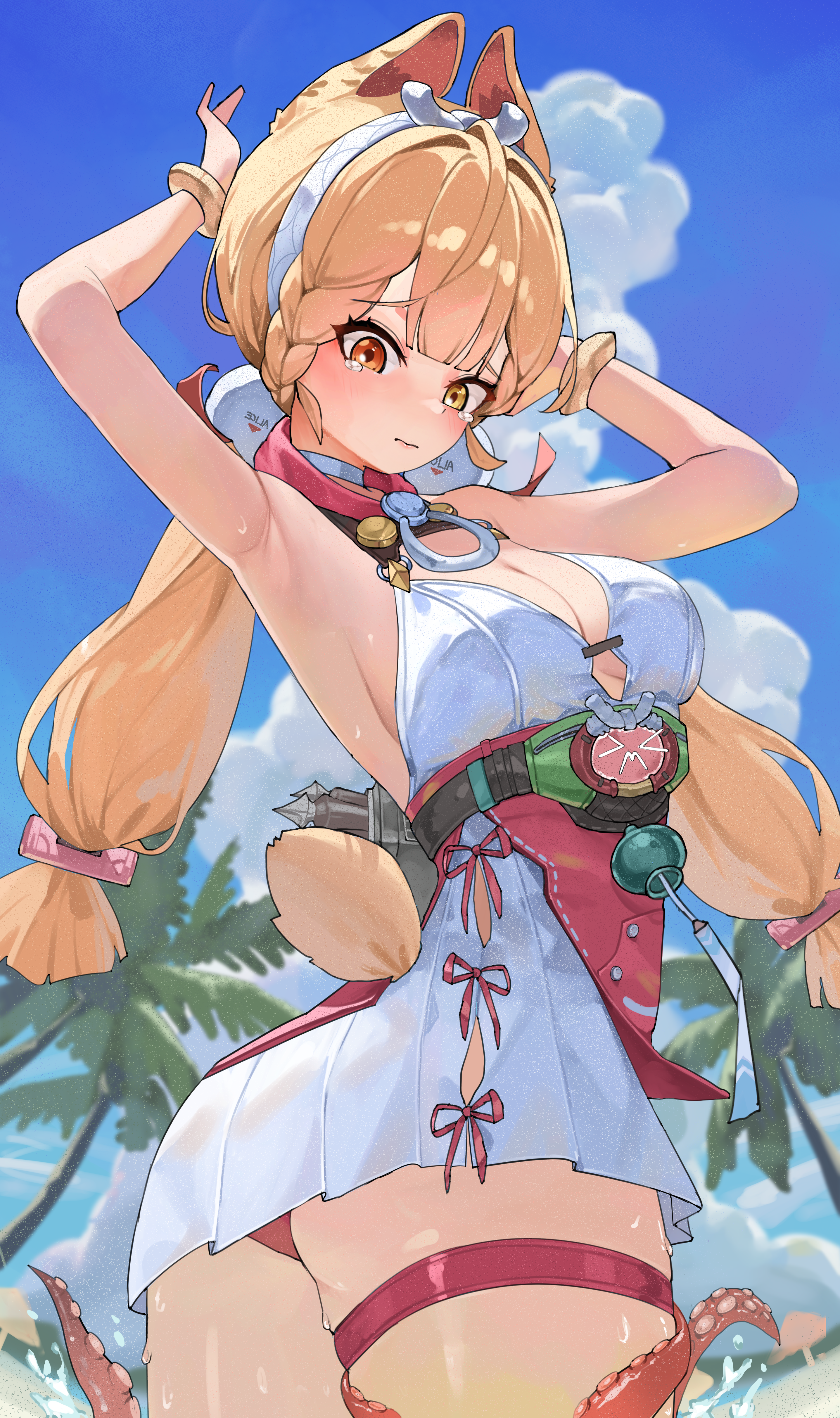 alice thymefield, zenless zone zero, absurdres, highres, 1girl, animal ears, animal on leg, armpits, arms behind head, bare arms, bare shoulders, blonde hair, blush, braid, breasts, cham ggi, cleavage, closed mouth, dress, hairband, heterochromia, large breasts, low twintails, octopus, rabbit ears, rabbit girl, rabbit tail, red eyes, short dress, solo, tail, tears, thigh strap, twintails, white dress, white hairband, yellow eyes