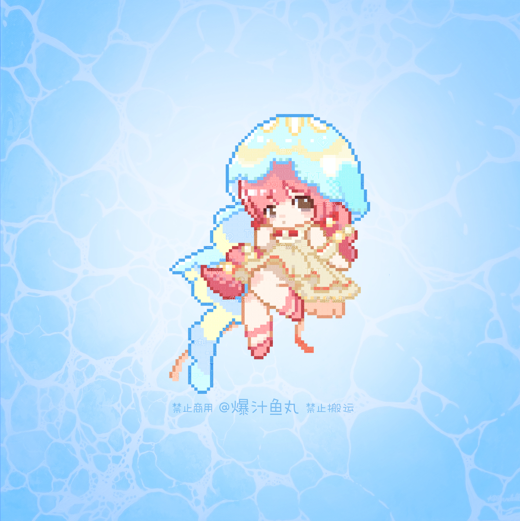 nikki (nikki), nikki (series), shining nikki, highres, 1girl, :o, artist name, baozhi yuwan, bare shoulders, blue veil, bow, bowtie, braid, brown eyes, chibi, detached sleeves, dress, floating, frilled dress, frills, hair bobbles, hair ornament, light blush, long hair, medium dress, parted lips, pink hair, pink shoes, pixel art, puffy short sleeves, puffy sleeves, red bow, red bowtie, shoes, short sleeves, single braid, sleeveless, sleeveless dress, solo, tareme, thinking, veil, very long hair, water, white dress, white sleeves
