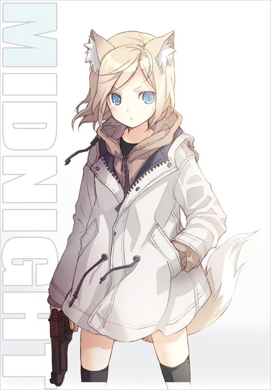 h2so4, original, bad id, bad pixiv id, >:<, 1girl, :<, animal ears, beretta 92, blue eyes, closed mouth, female focus, fox ears, gun, handgun, jacket, pistol, short hair, solo, tail, thighhighs, v-shaped eyebrows, weapon