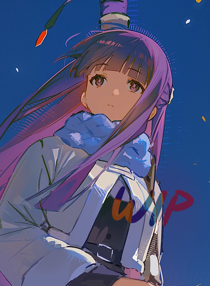 soybean (hisoybean), fern (sousou no frieren), sousou no frieren, highres, 1girl, belt, black belt, blue background, blue scarf, blunt bangs, breasts, buttons, closed mouth, jacket, long hair, looking afar, medium breasts, purple eyes, purple hair, scarf, solo, upper body, white jacket, wind