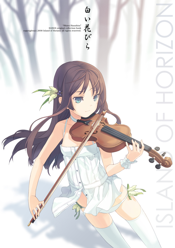 h2so4, original, 1girl, blue eyes, brown hair, collar, female focus, flower, instrument, long hair, lowleg, panties, smile, solo, thighhighs, underwear, violin, wrist cuffs