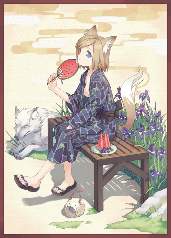 h2so4, original, bad id, bad pixiv id, 1girl, animal ears, bench, blonde hair, blue eyes, border, breasts, egasumi, feet, female focus, flower, food, food print, fox ears, fruit, fruit print, hand fan, japanese clothes, kimono, medium breasts, mosquito coil, paper fan, plate, sandals, short hair, sitting, solo, tail, uchiwa, watermelon, watermelon print, wolf