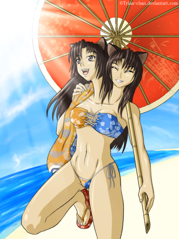 trina-chan, amiko emiko, animal ears, beach, cat ears, conjoined, multiple heads, swimsuit, umbrella
