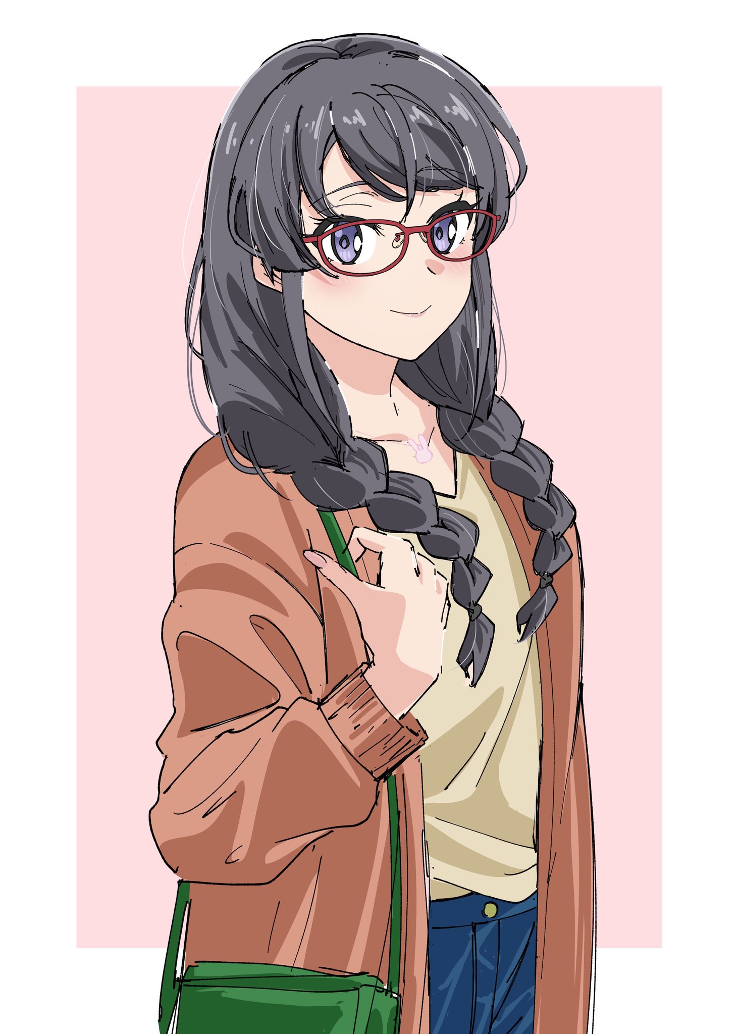anju (artist), sakurajima mai, seishun buta yarou, highres, 1girl, bag, black hair, blouse, braid, cardigan, closed mouth, collarbone, denim, glasses, grey eyes, handbag, holding, holding bag, jeans, jewelry, long hair, long sleeves, looking at viewer, open cardigan, open clothes, pants, pendant, pink background, shirt, simple background, smile, swept bangs, twin braids, v-neck