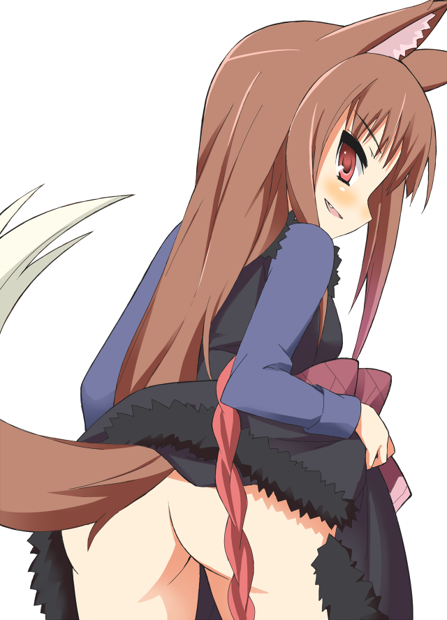 9law, holo, spice and wolf, bad id, bad pixiv id, 00s, animal ears, ass, brown eyes, clothes lift, dress, dress lift, fang, no panties, red eyes, tail, wolf ears, wolf tail