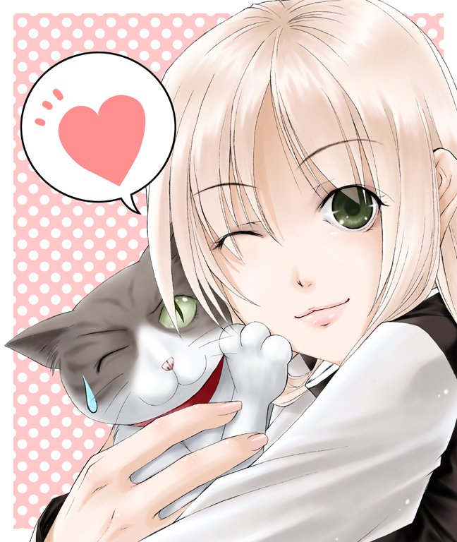crote, fantasy earth zero, bad id, bad pixiv id, 1girl, cat, collar, female focus, heart, hug, one eye closed, polka dot, polka dot background, solo, spoken heart, sweatdrop