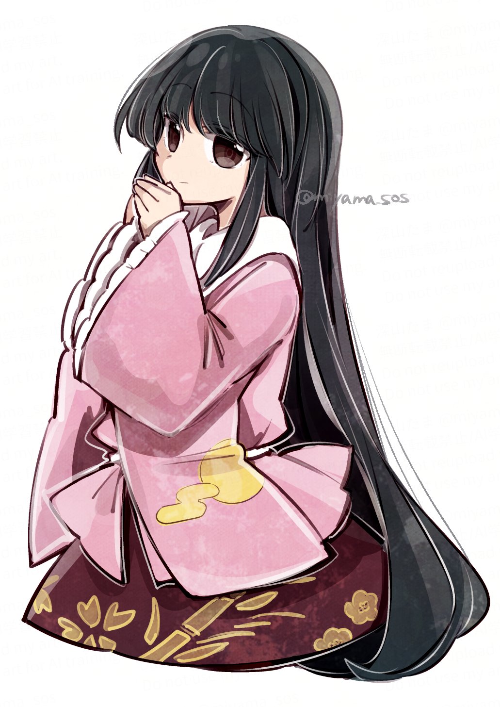 tama (hiroshige 36), houraisan kaguya, touhou, highres, 1girl, bamboo print, brown eyes, closed mouth, floral print, floral print skirt, frilled sleeves, frills, hands up, long hair, looking at viewer, pink shirt, print skirt, red skirt, shirt, simple background, skirt, solo, twitter username, upper body, very long hair, white background