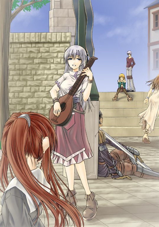 crote, player character (mabinogi), mabinogi, silver hair, bad id, bad pixiv id, 2boys, 4girls, armor, blonde hair, headband, instrument, long hair, lute (instrument), multiple boys, multiple girls, music, playing instrument, ponytail, red hair, sidelocks, sitting, skirt, smile, stairs, sword, town, tree, weapon