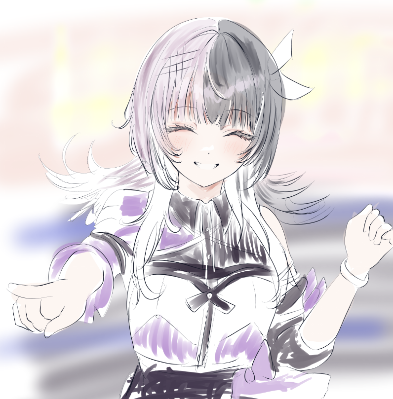 akamiya mumu, shiori novella, hololive, hololive english, commentary request, 1girl, black hair, black shirt, grey hair, grin, hand up, idol clothes, long hair, multicolored hair, multicolored shirt, pointing, purple shirt, shirt, smile, solo, split-color hair, teeth, two-tone hair, virtual youtuber, white shirt