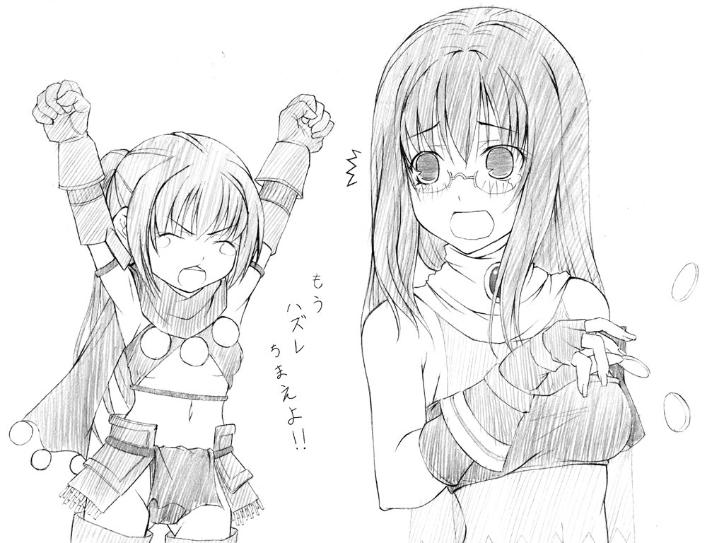 crote, scout (fez), fantasy earth zero, coin, glasses, greyscale, midriff, monochrome, navel