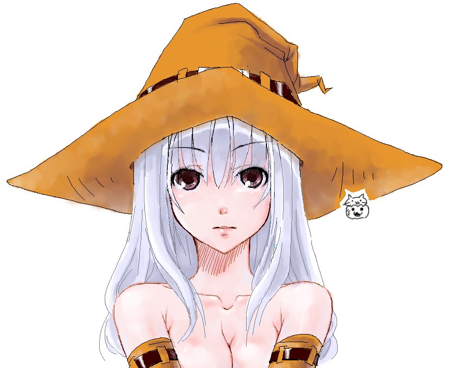 crote, fantasy earth zero, silver hair, bad id, bad pixiv id, 1girl, breasts, collarbone, elbow gloves, female focus, gloves, halloween, hat, looking at viewer, medium breasts, nude, oekaki, purple eyes, solo, upper body, witch hat, yellow gloves, yellow hat