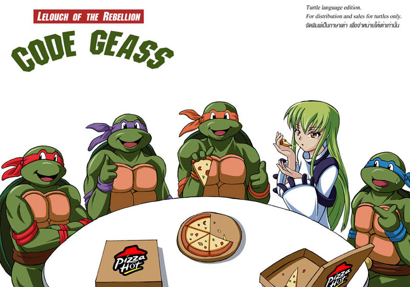 ryusei (green aqua road), c.c., donatello (tmnt), leonardo (tmnt), michelangelo (tmnt), raphael (tmnt), code geass, pizza hut, teenage mutant ninja turtles, teenage mutant ninja turtles (1987), 00s, 1girl, brand name imitation, crossover, food, green hair, pepperoni, pepperoni pizza, pizza, thai text, trait connection