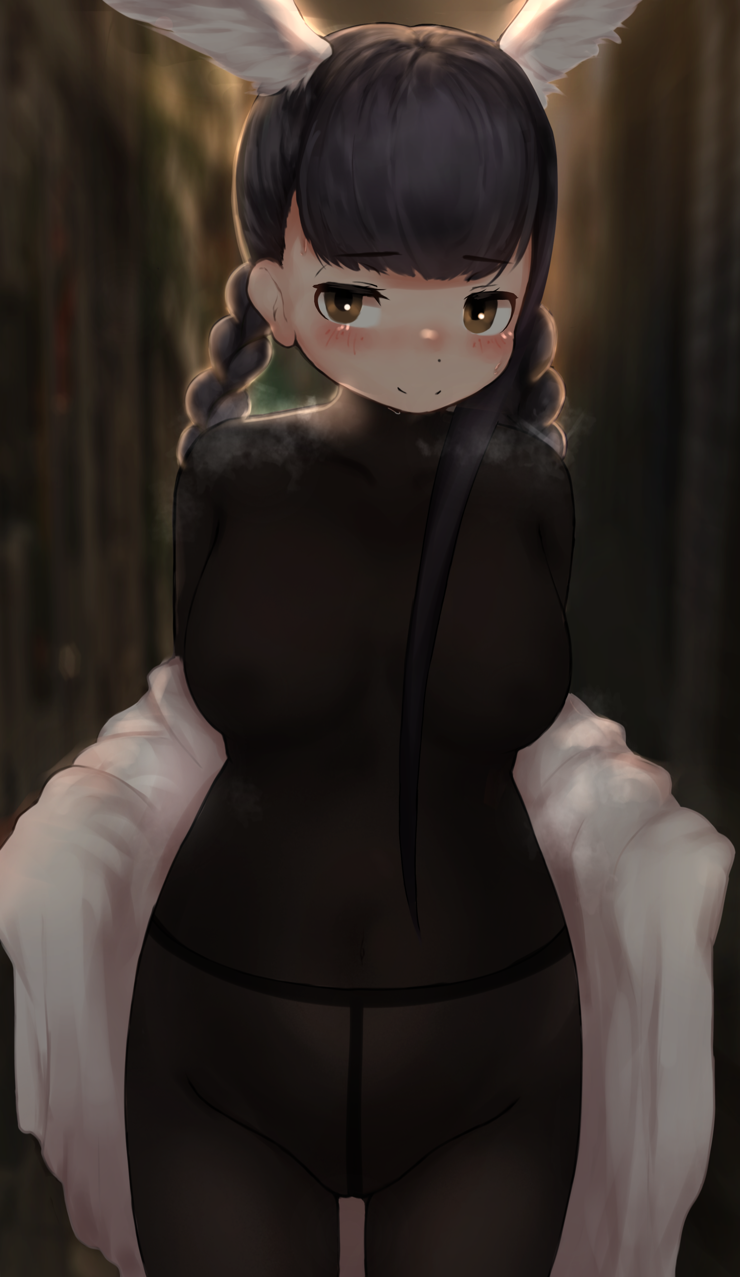 takara (takara0508), black-headed ibis (kemono friends), kemono friends, absurdres, highres, large variant set, variant set, 1girl, backlighting, black hair, black pantyhose, black undershirt, blurry, blurry background, blush, braid, breasts, breath, brown eyes, closed mouth, covered navel, cowboy shot, furrowed brow, groin, head wings, large breasts, long hair, looking at viewer, no bra, no panties, no tail, pantyhose, seductive smile, see-through clothes, smile, solo, sweat, turtleneck, twin braids, undershirt, very long hair, white wings, wings